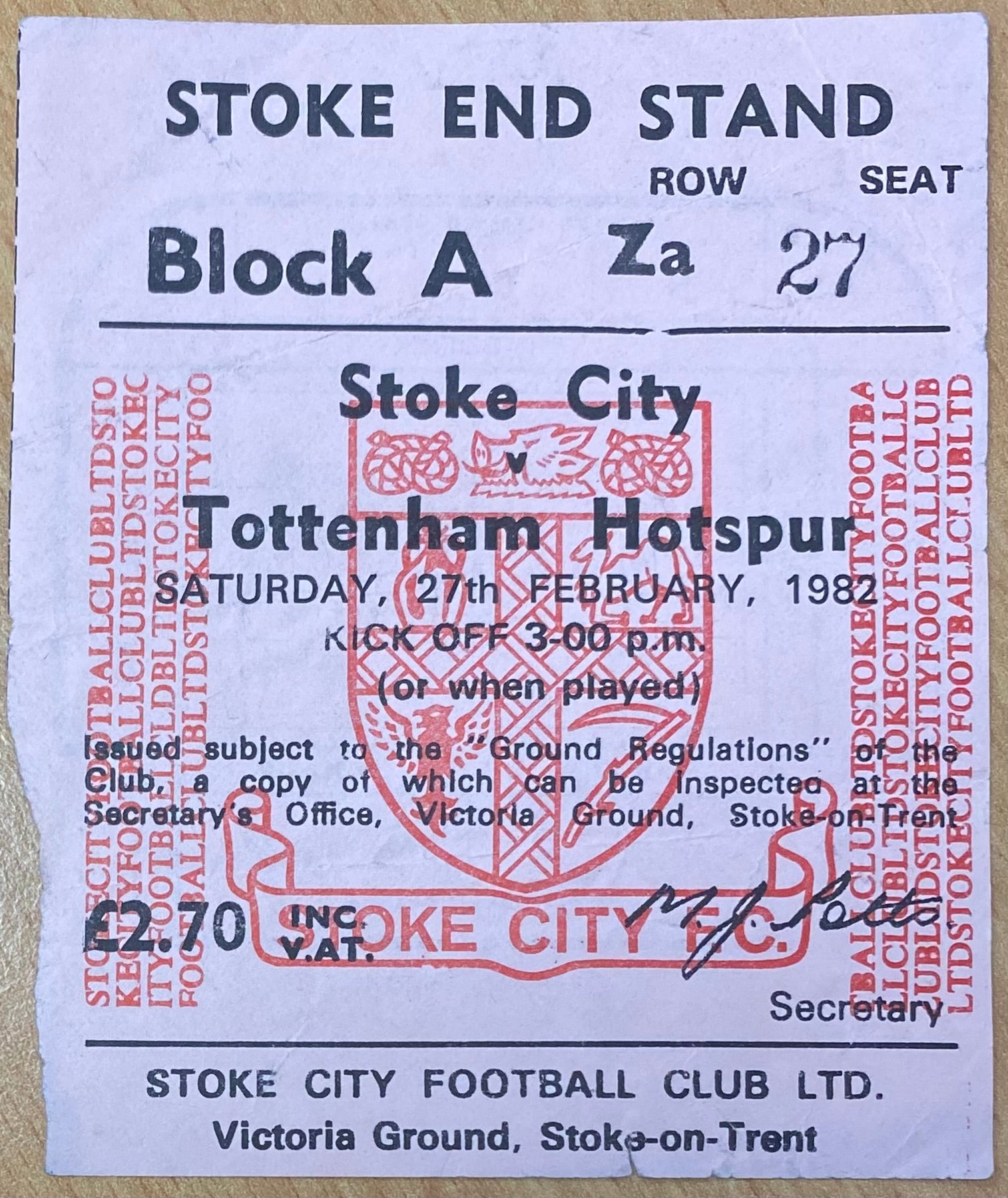 1981/82 ORIGINAL DIVISION ONE TICKET STOKE CITY V TOTTENHAM HOTSPUR