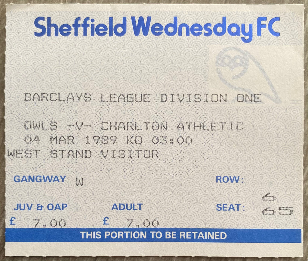 1988/89 ORIGINAL DIVISION ONE TICKET SHEFFIELD WEDNESDAY V CHARLTON ATHLETIC