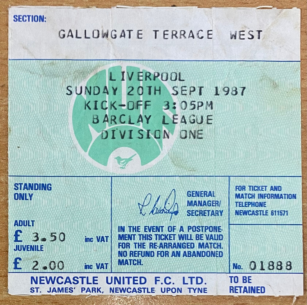 1987/88 ORIGINAL DIVISION ONE TICKET NEWCASTLE UNITED V LIVERPOOL