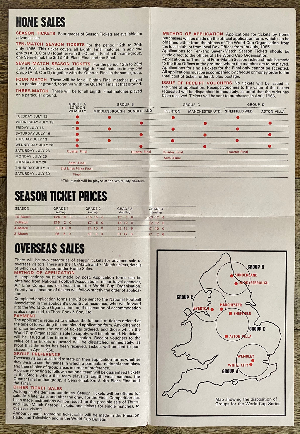 1966 WORLD CUP ORIGINAL OFFICIAL TICKET INFORMATION FOLD OUT BOOKLET