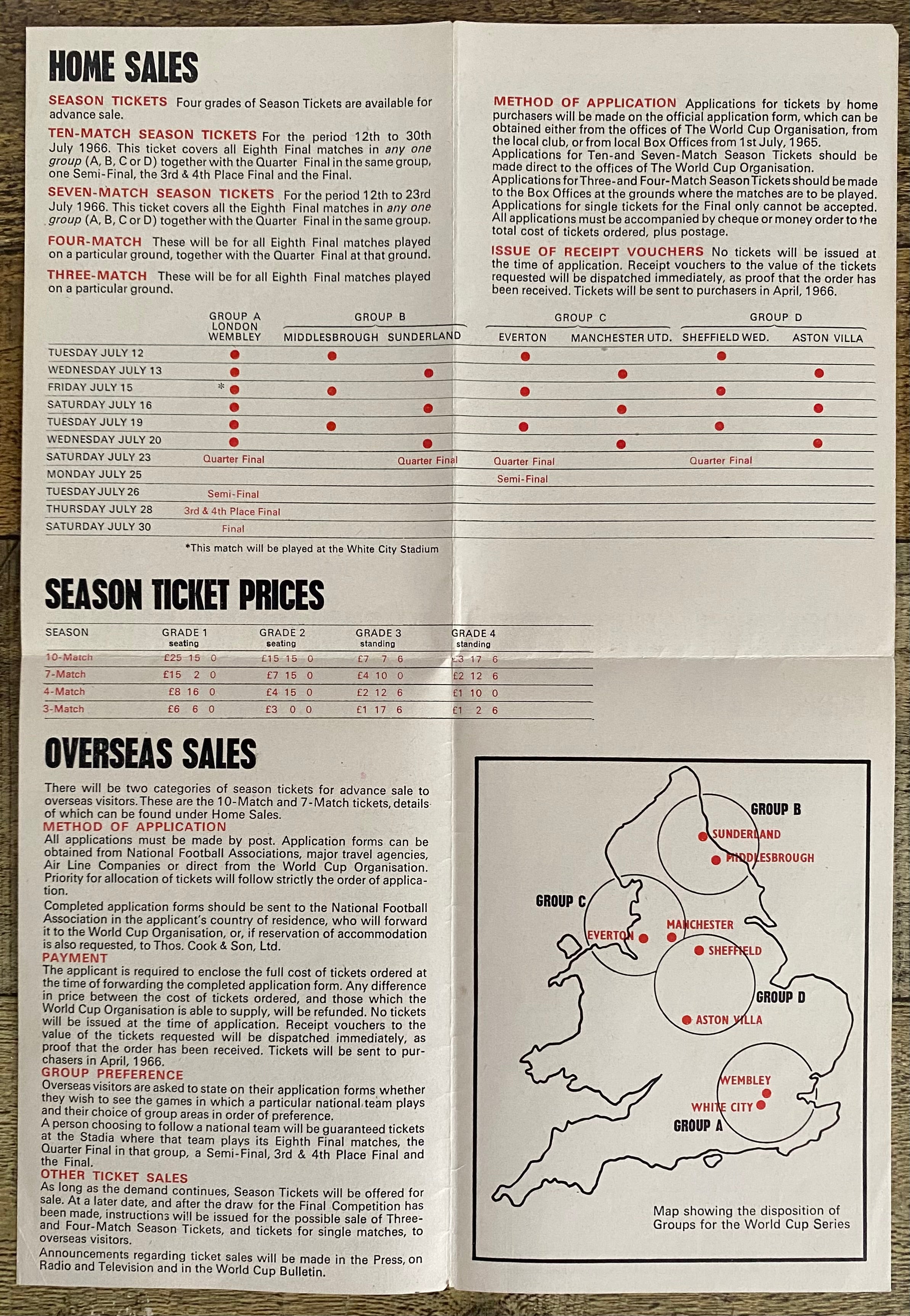 1966 WORLD CUP ORIGINAL OFFICIAL TICKET INFORMATION FOLD OUT BOOKLET