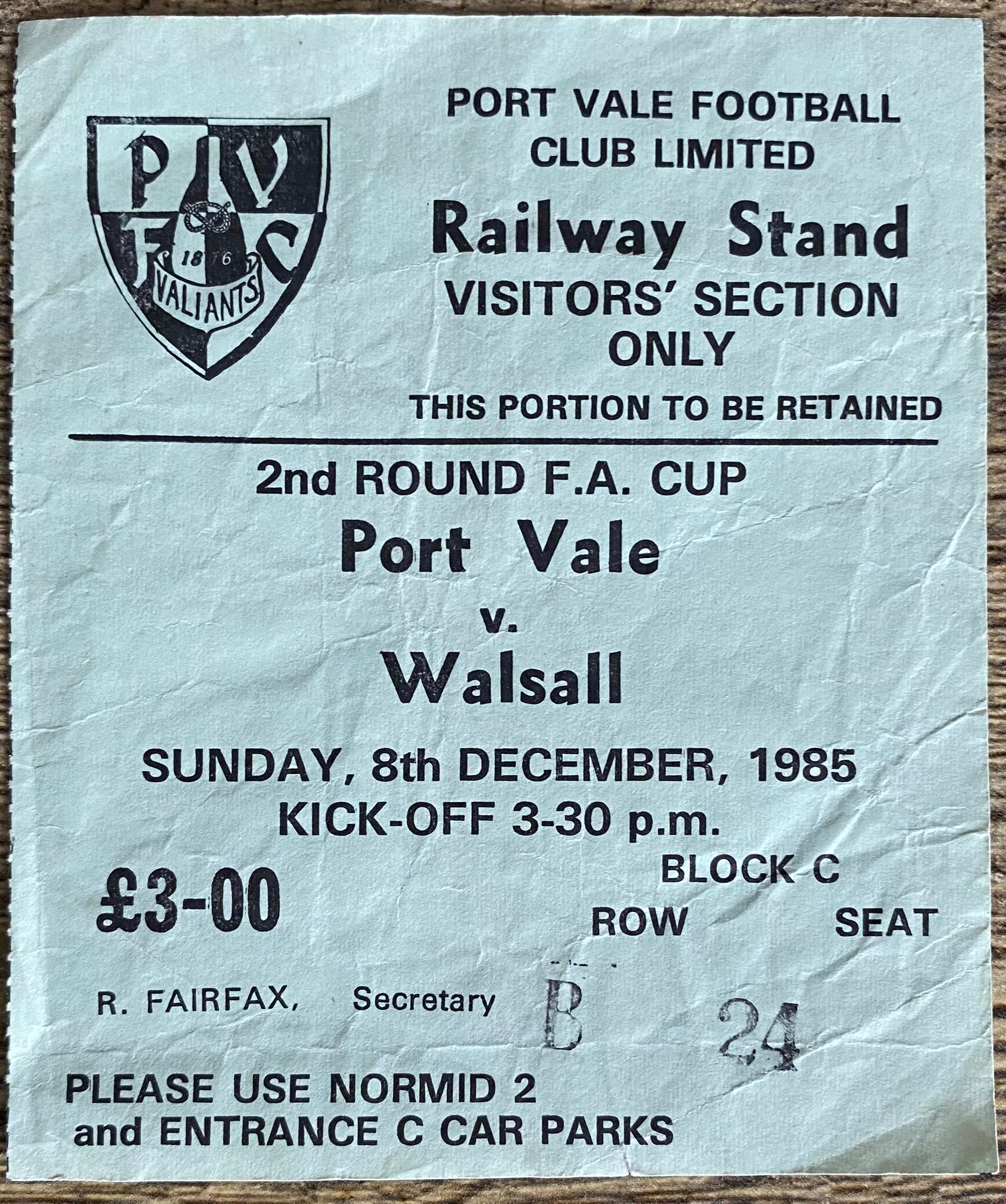 1985/86 ORIGINAL FA CUP 2ND ROUND TICKET PORT VALE V WALSALL