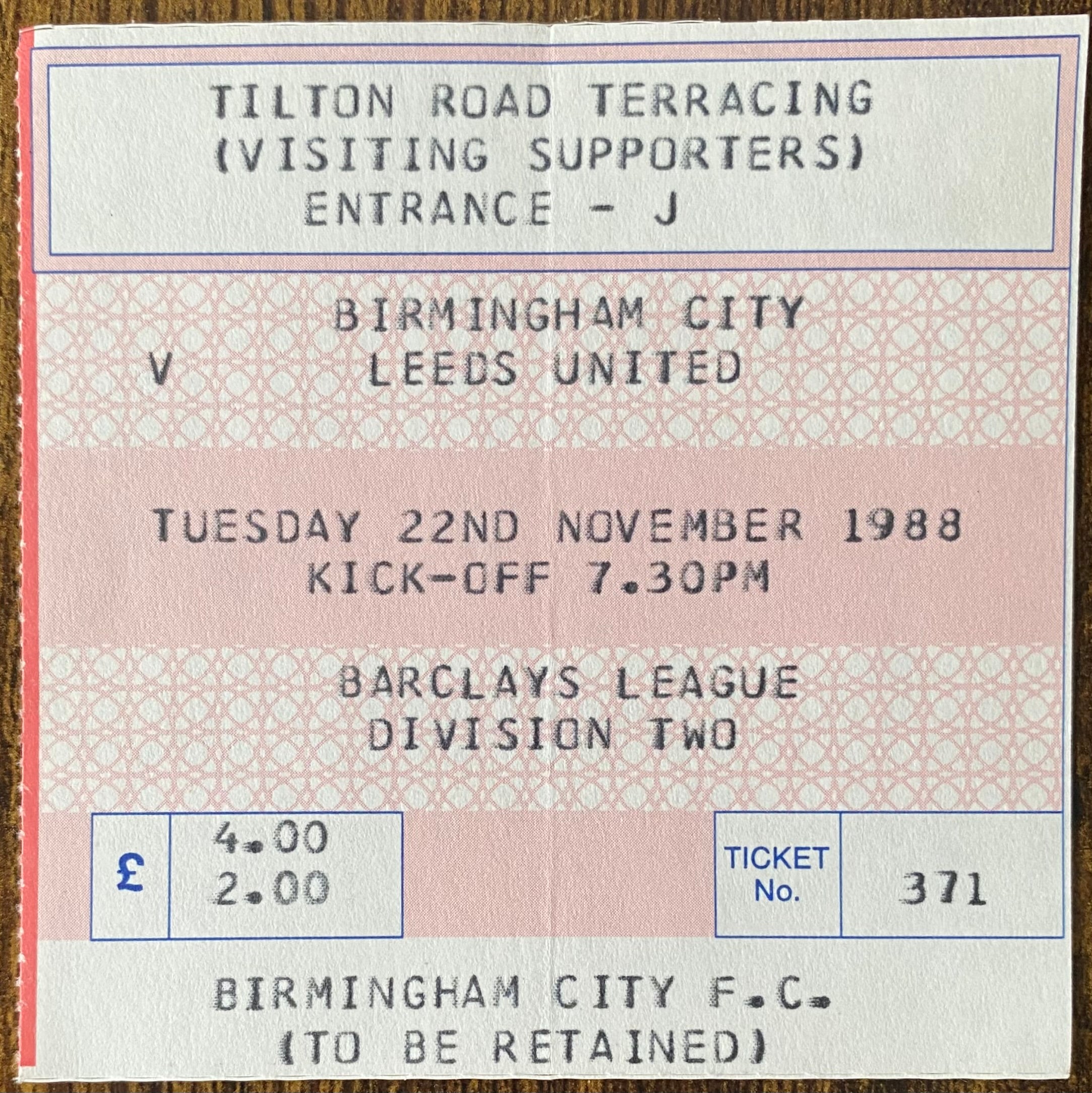 1988/89 ORIGINAL DIVISION 2 TICKET BIRMINGHAM CITY V LEEDS UNITED