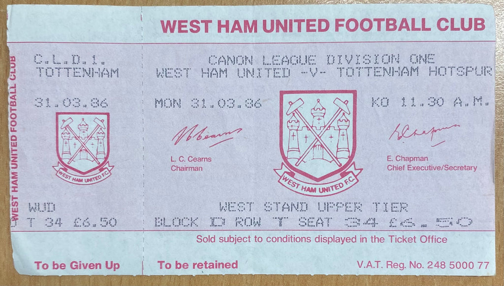 1985/86 ORIGINAL DIVISION 1 UNUSED TICKET WEST HAM UNITED V TOTTENHAM HOTSPUR