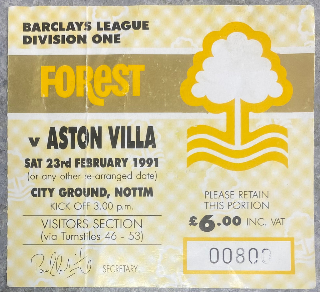1990/91 ORIGINAL DIVISION 1 TICKET NOTTINGHAM FOREST V ASTON VILLA