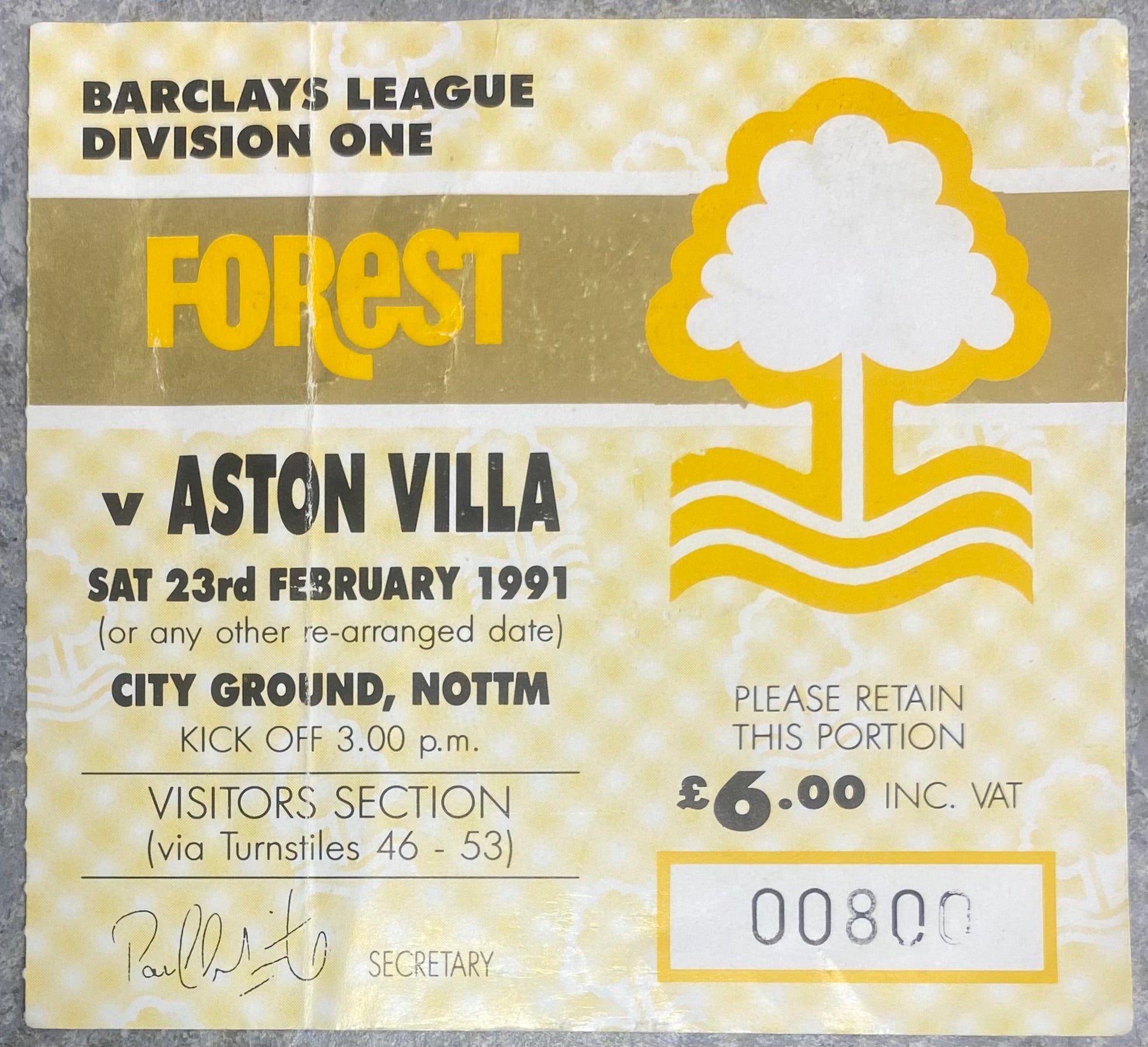 1990/91 ORIGINAL DIVISION 1 TICKET NOTTINGHAM FOREST V ASTON VILLA