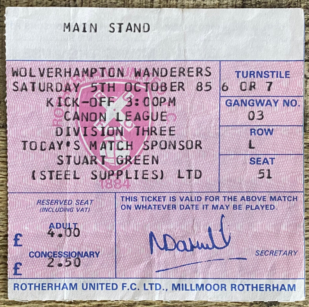 1985/86 ORIGINAL DIVISION 3 TICKET ROTHERHAM UNITED V WOLVERHAMPTON WANDERERS