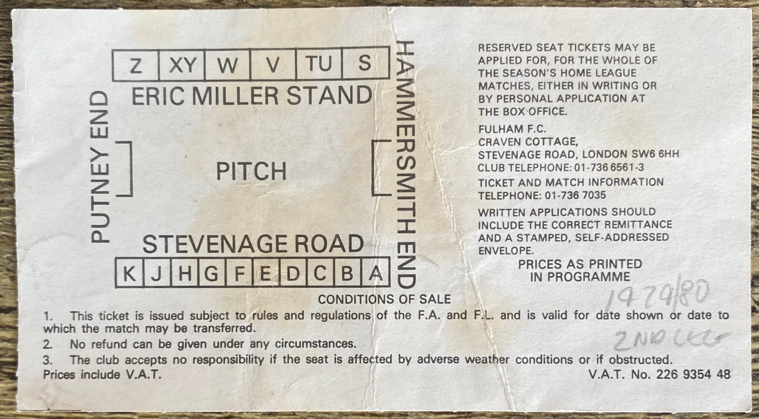 1979/80 ORIGINAL LEAGUE CUP 2ND ROUND 2ND LEG TICKET FULHAM V WEST BROMWICH ALBION