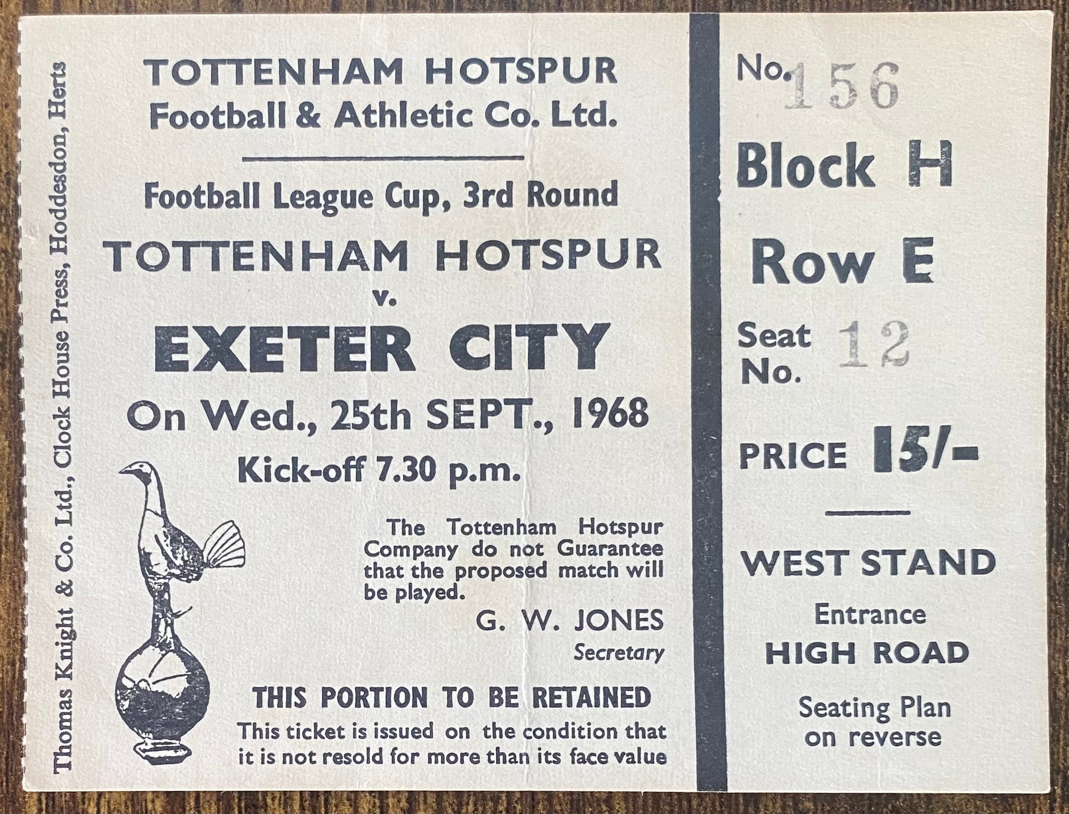 1968/69 ORIGINAL LEAGUE CUP 3RD ROUND TICKET TOTTENHAM HOTSPUR V EXETER CITY