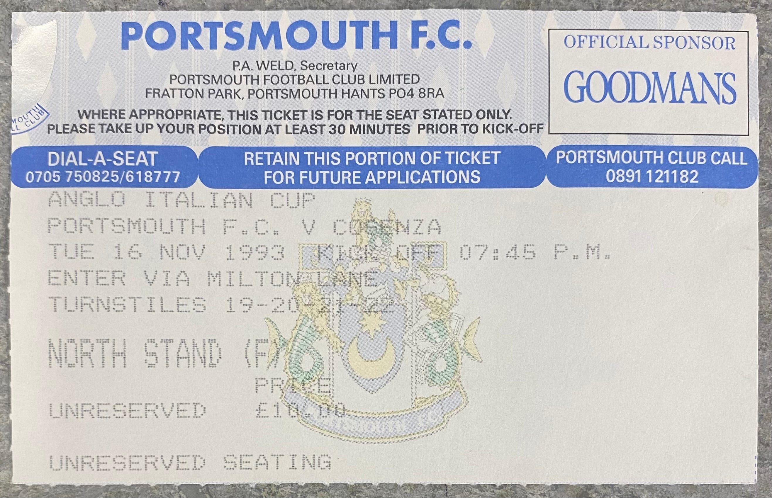 1993/94 ORIGINAL ANGLO ITALIAN CUP TICKET PORTSMOUTH V COSENZA