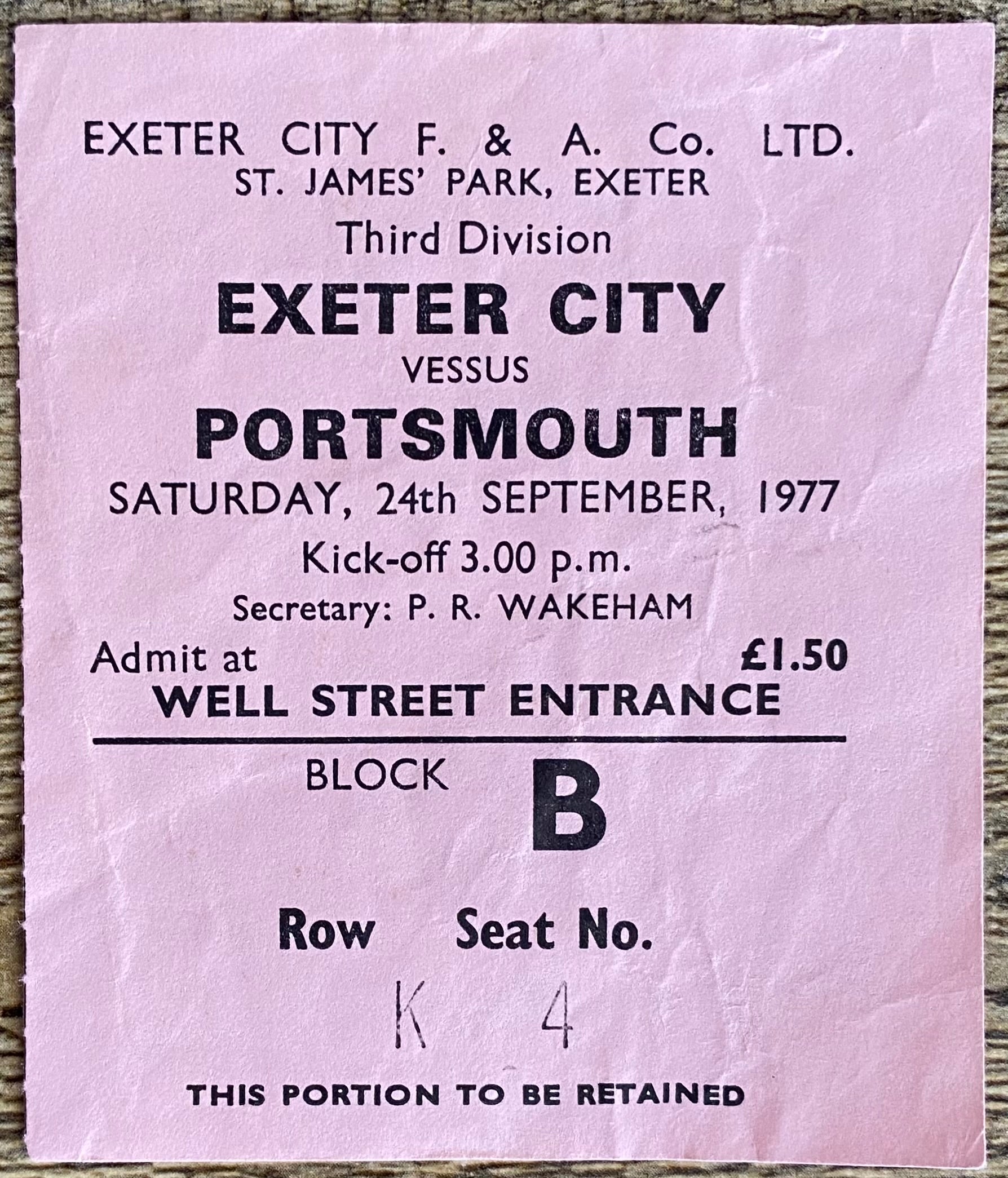 1977/78  ORIGINAL DIVISION 3 TICKET EXETER CITY V PORTSMOUTH