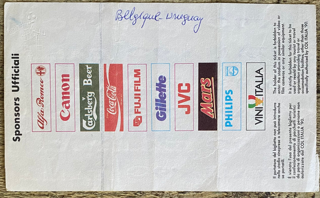 1990 ORIGINAL WORLD CUP 1ST ROUND TICKET BELGIUM V URUGUAY @ VERONA