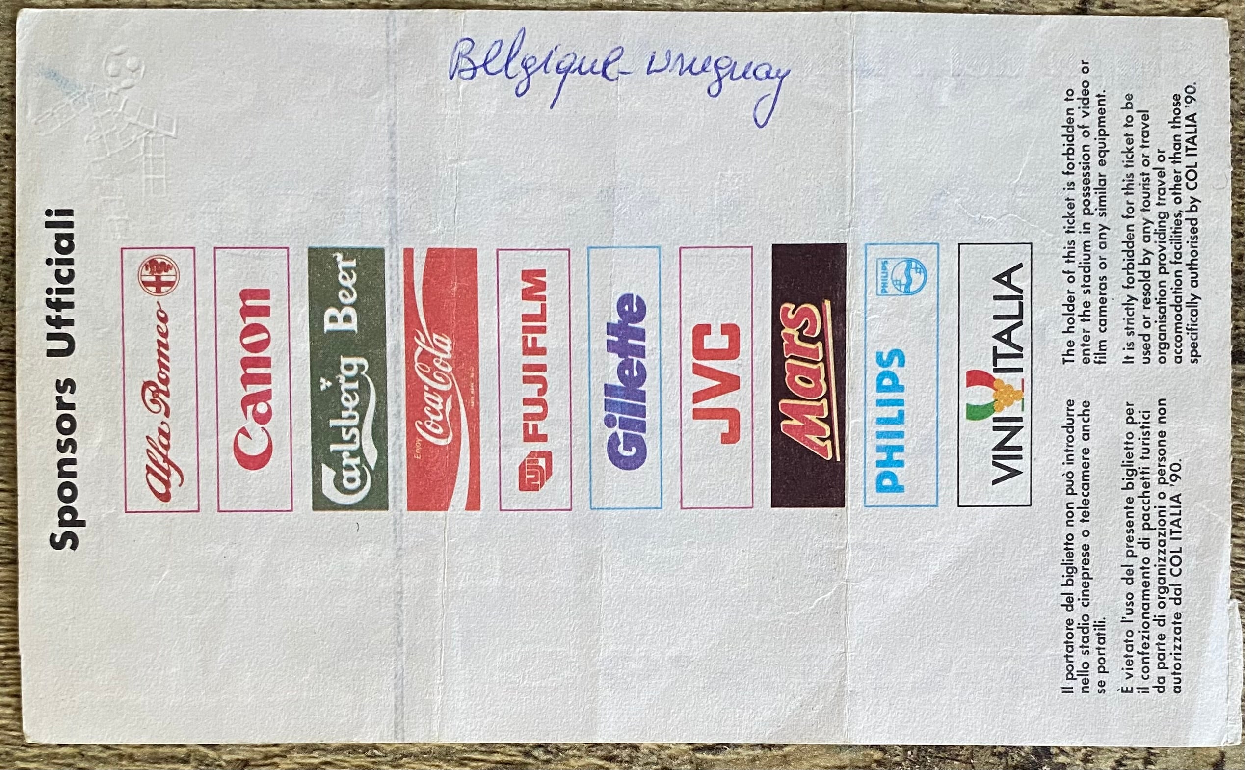1990 ORIGINAL WORLD CUP 1ST ROUND TICKET BELGIUM V URUGUAY @ VERONA