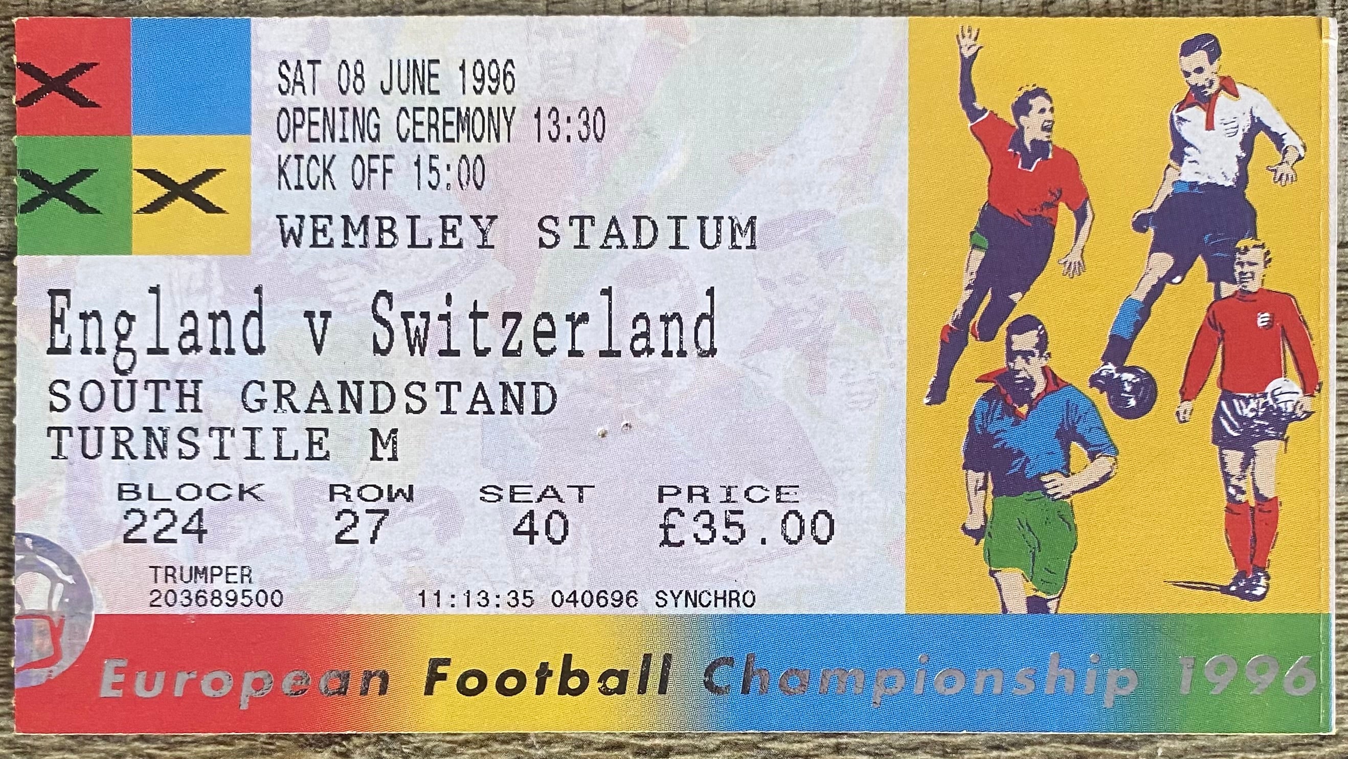1996 ORIGINAL EUROPEAN CHAMPIONSHIPS EURO 96 OPENING MATCH TICKET ENGLAND V SWITZERLAND @ WEMBLEY