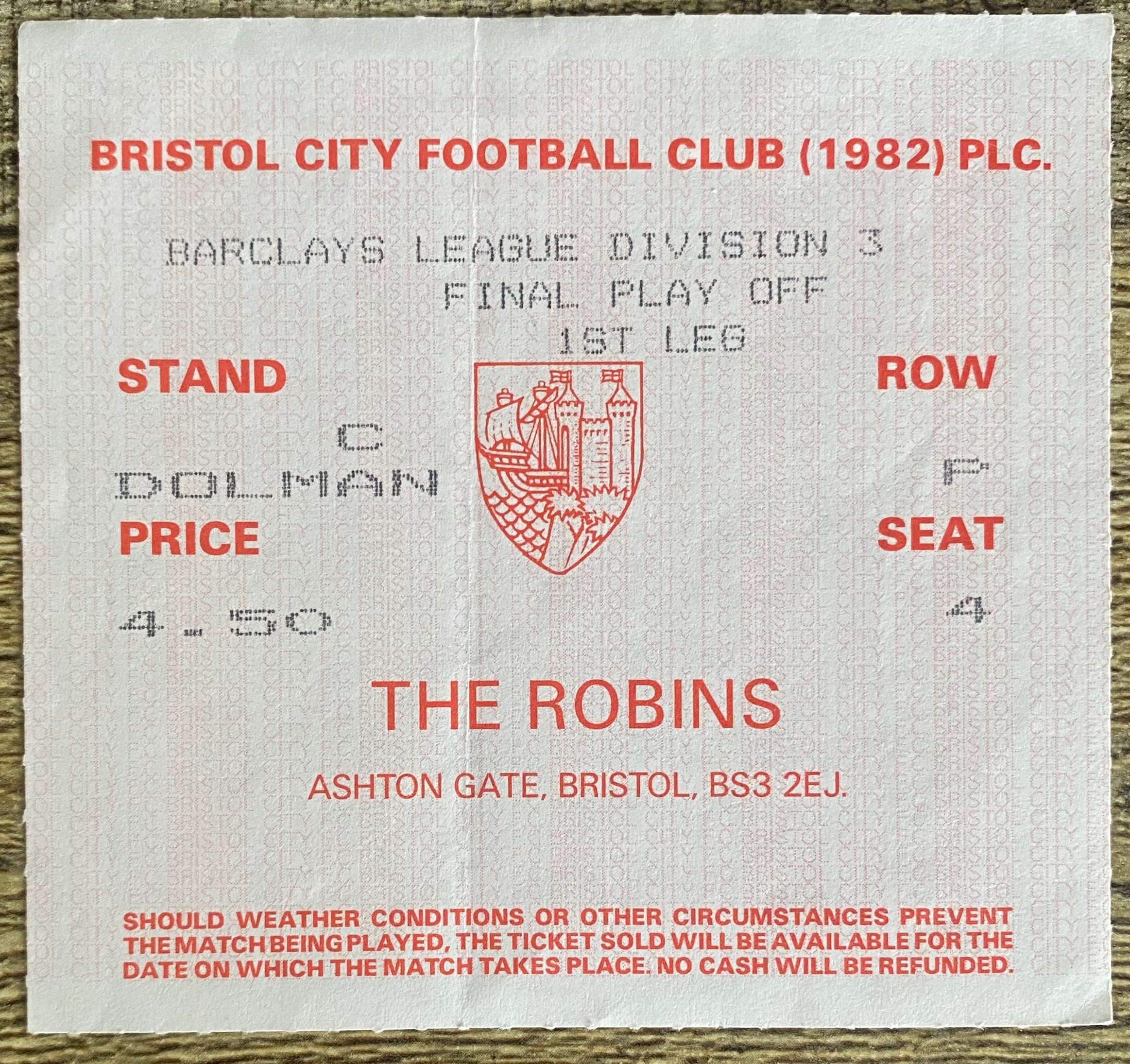 1987/88 ORIGINAL PROMOTION PLAY OFF FINAL 1ST LEG TICKET BRISTOL CITY V WALSALL