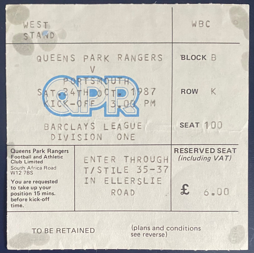 1987/88 ORIGINAL DIVISION 1 TICKET QUEENS PARK RANGERS V PORTSMOUTH