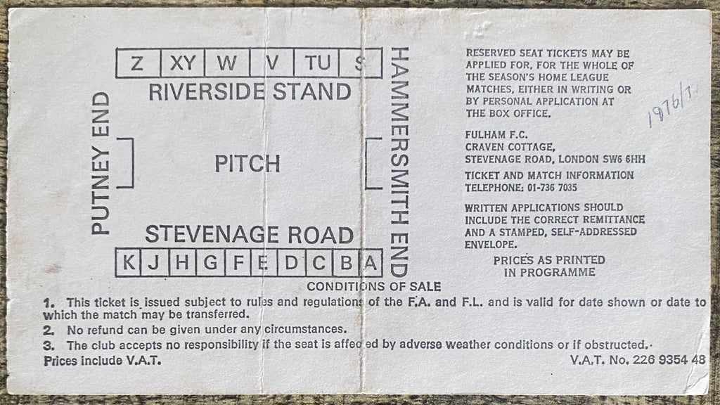 1976/77 ORIGINAL DIVISION 2 TICKET FULHAM V NOTTINGHAM FOREST
