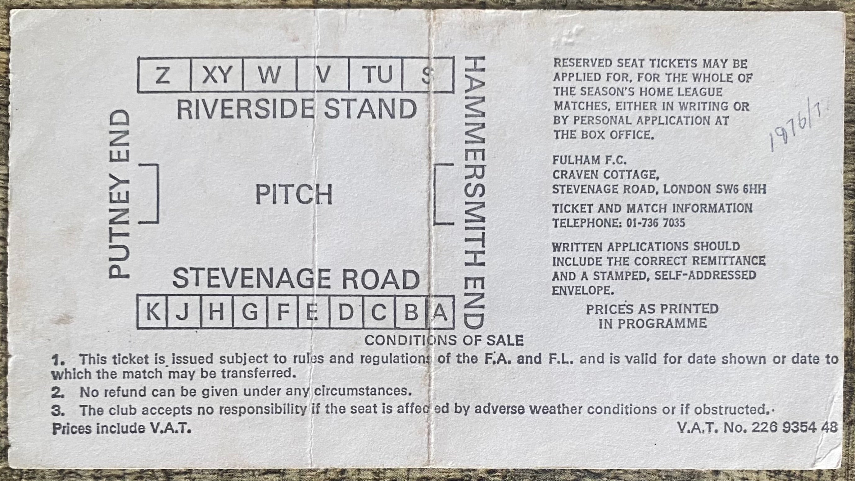 1976/77 ORIGINAL DIVISION 2 TICKET FULHAM V NOTTINGHAM FOREST