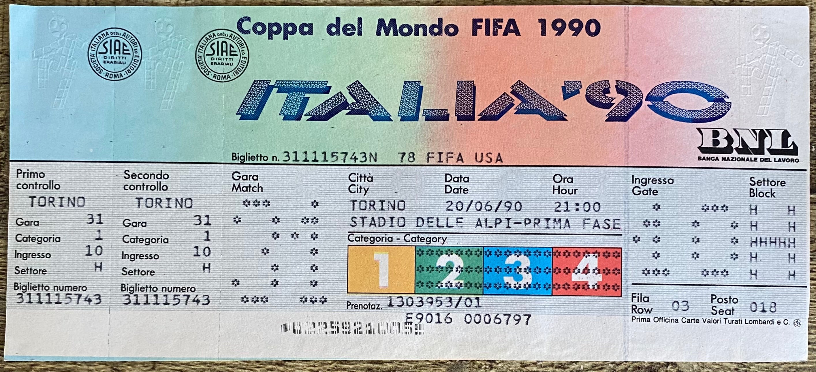 1990 ORIGINAL WORLD CUP 1ST ROUND UNUSED TICKET SCOTLAND V BRAZIL @ TURIN