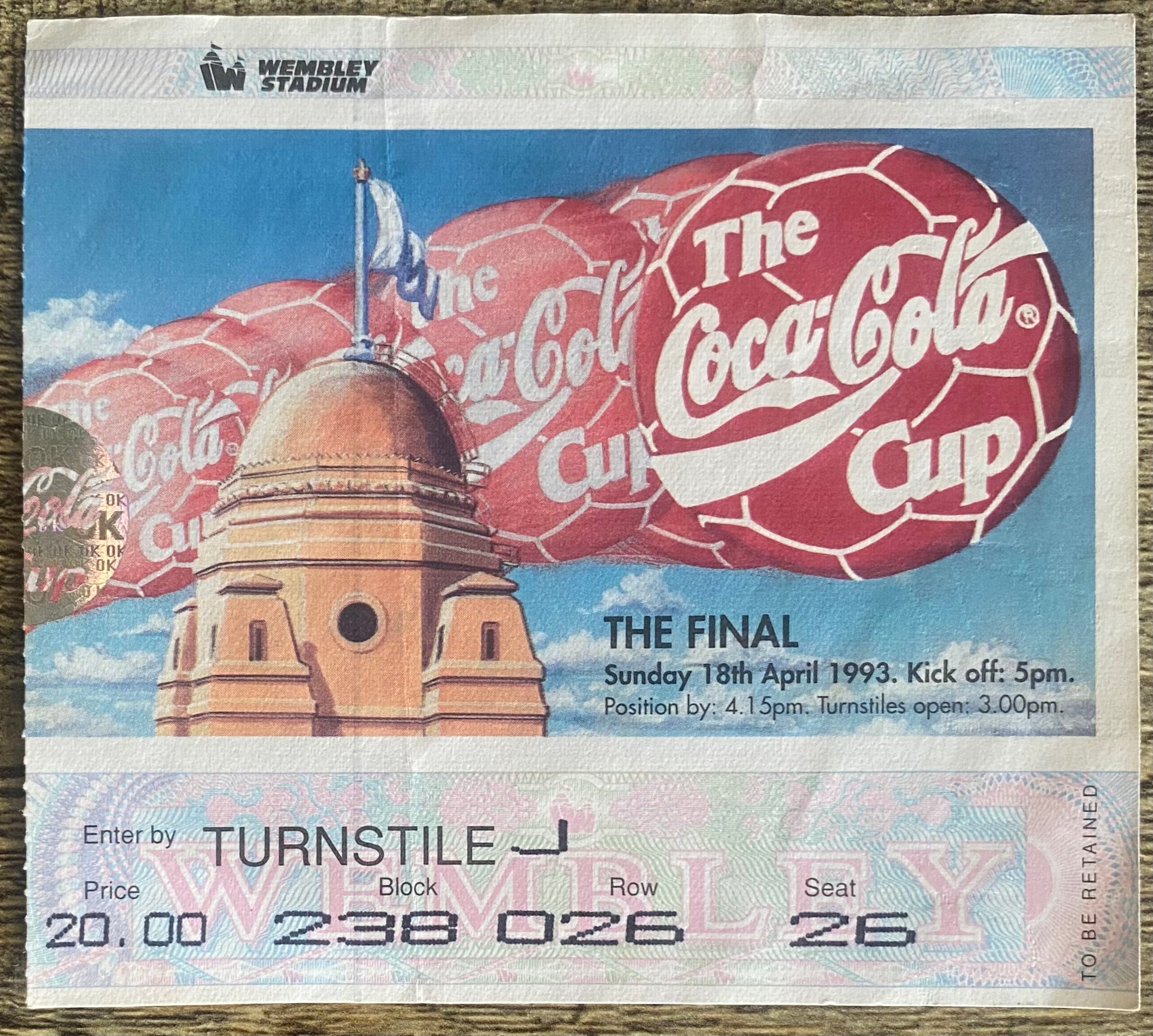 1993 ORIGINAL COCA COLA CUP FINAL TICKET ARSENAL V SHEFFIELD WEDNESDAY