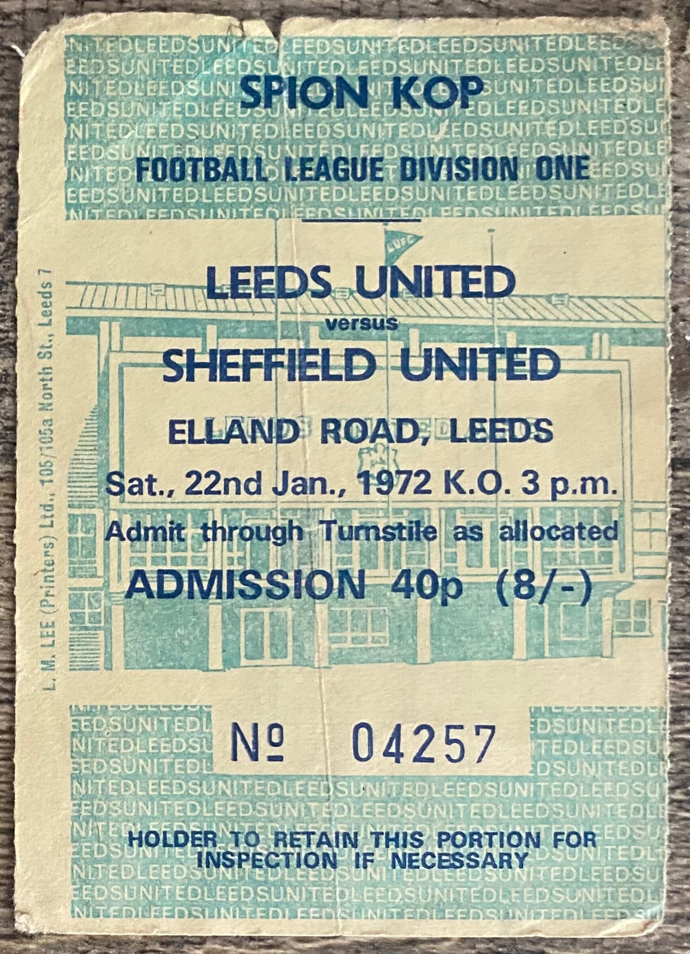 1971/72 ORIGINAL DIVISION ONE TICKET LEEDS UNITED V SHEFFIELD UNITED