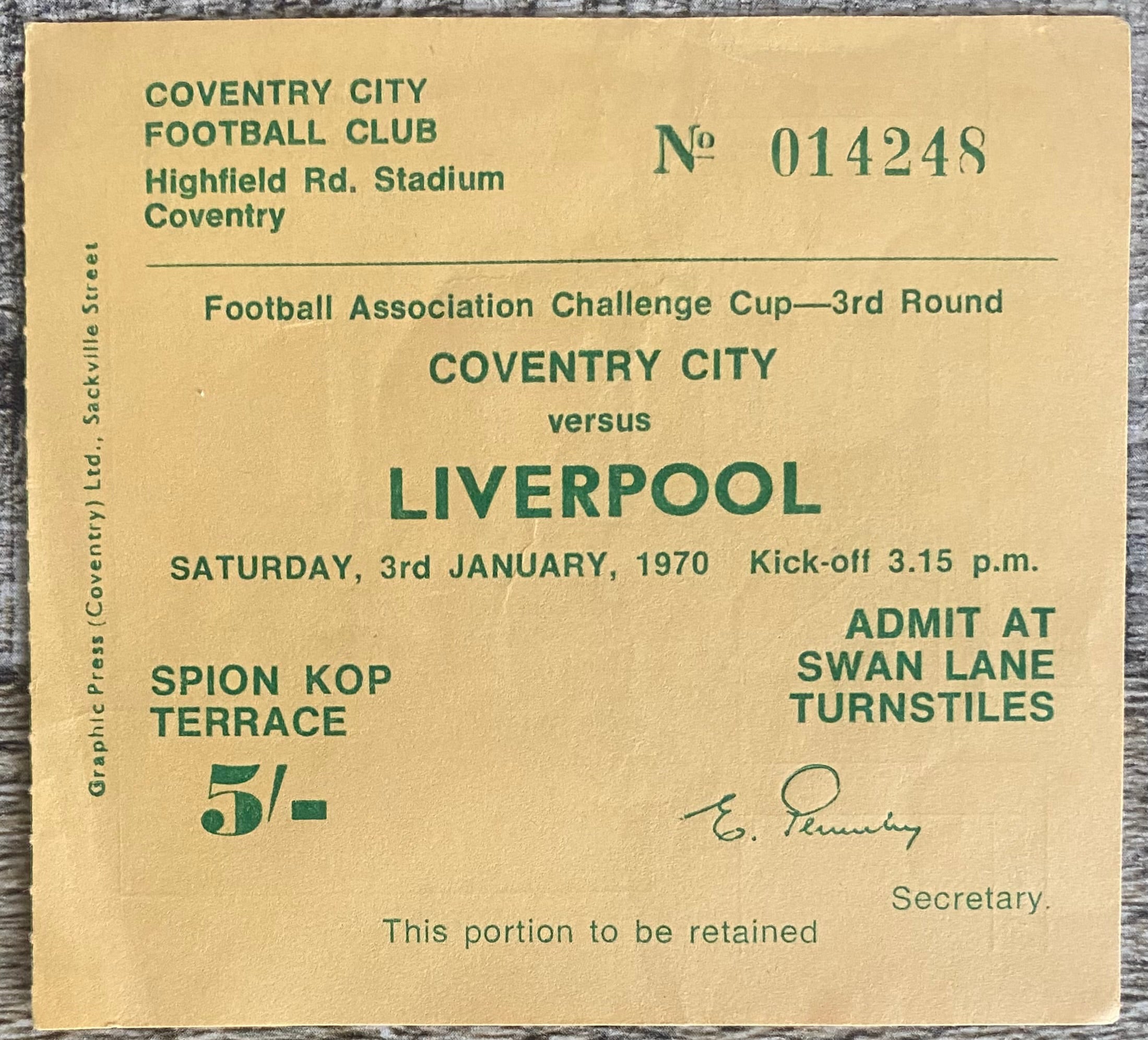 1969/70 ORIGINAL FA CUP 3RD ROUND TICKET COVENTRY CITY V LIVERPOOL