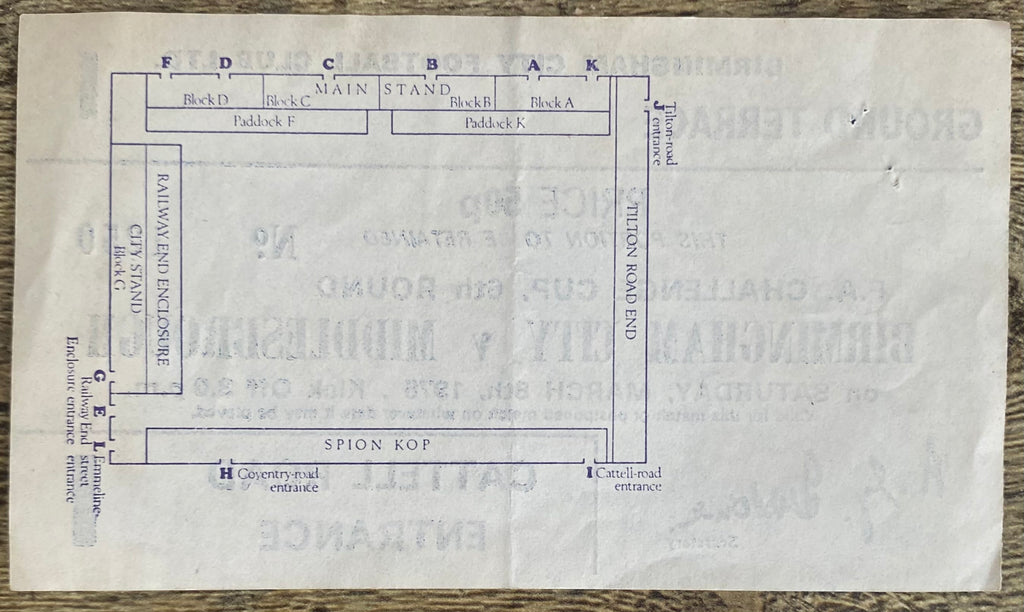 1974/75 ORIGINAL FA CUP 6TH ROUND TICKET BIRMINGHAM CITY V MIDDLESBROUGH
