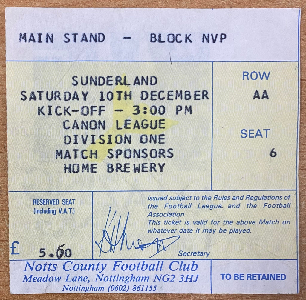 1983/84 ORIGINAL DIVISION 1 TICKET NOTTS COUNTY V SUNDERLAND