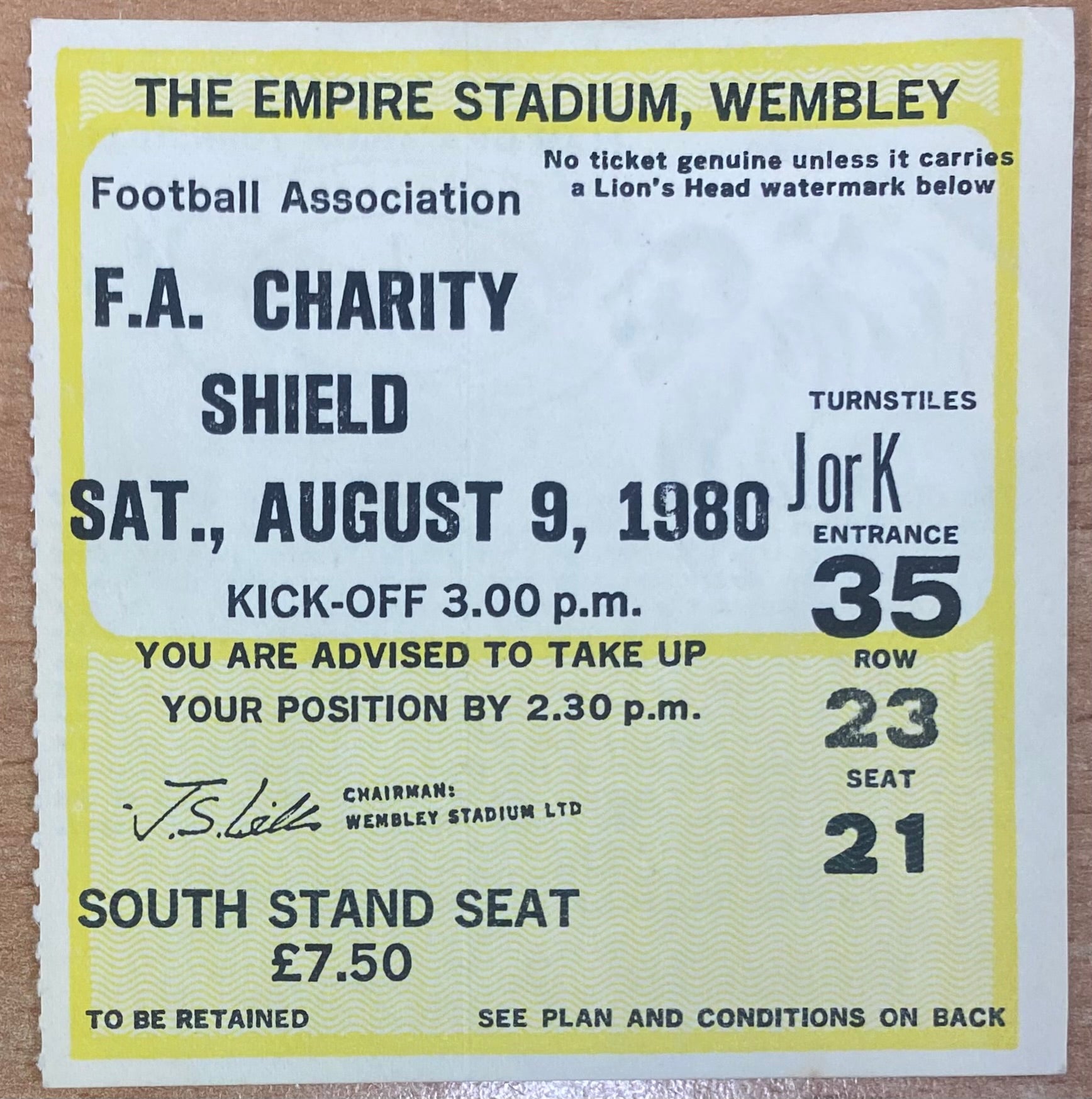 1980 ORIGINAL CHARITY SHIELD TICKET LIVERPOOL V WEST HAM UNITED