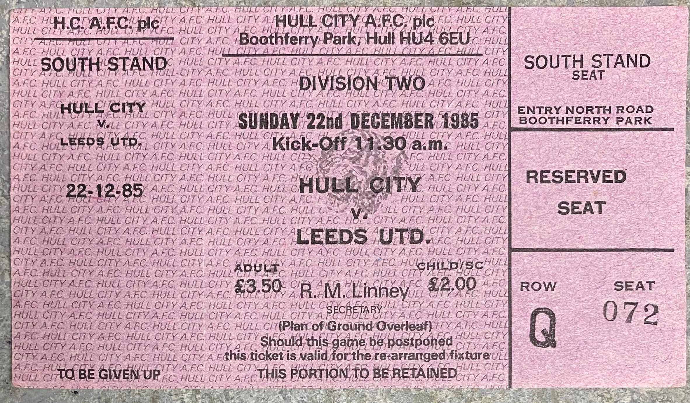 1985/86 ORIGINAL DIVISION TWO UNUSED TICKET HULL CITY V LEEDS UNITED