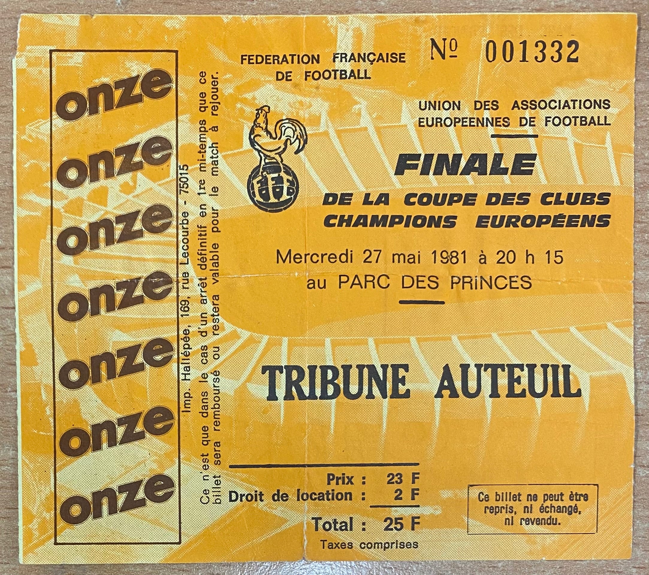 1981 ORIGINAL EUROPEAN CUP FINAL TICKET LIVERPOOL V REAL MADRID @ PARIS