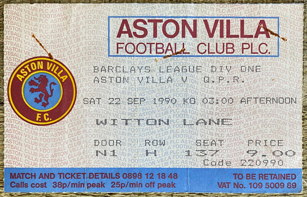 1990/91 ORIGINAL DIVISION 1 TICKET ASTON VILLA V QUEENS PARK RANGERS