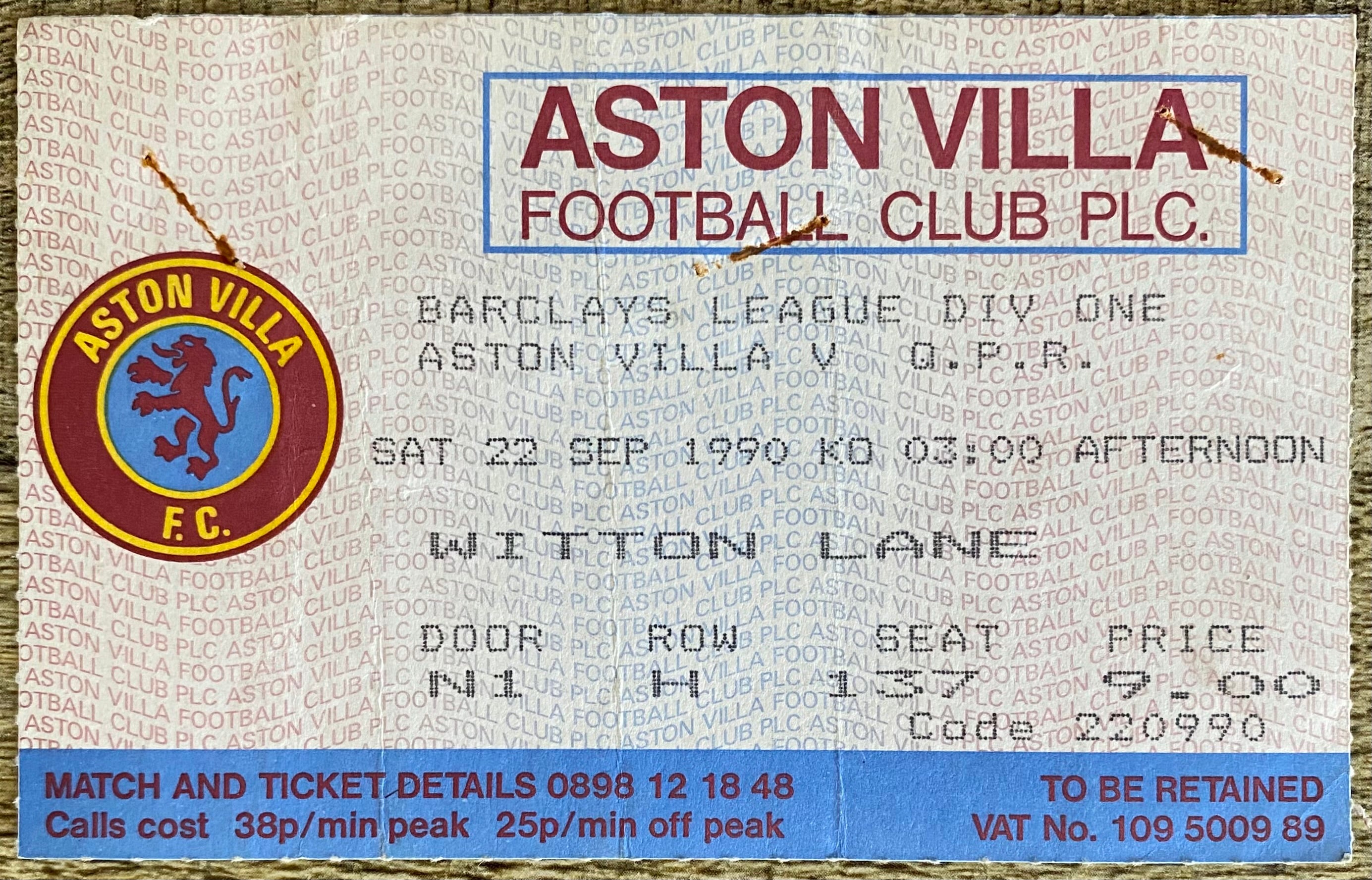 1990/91 ORIGINAL DIVISION 1 TICKET ASTON VILLA V QUEENS PARK RANGERS