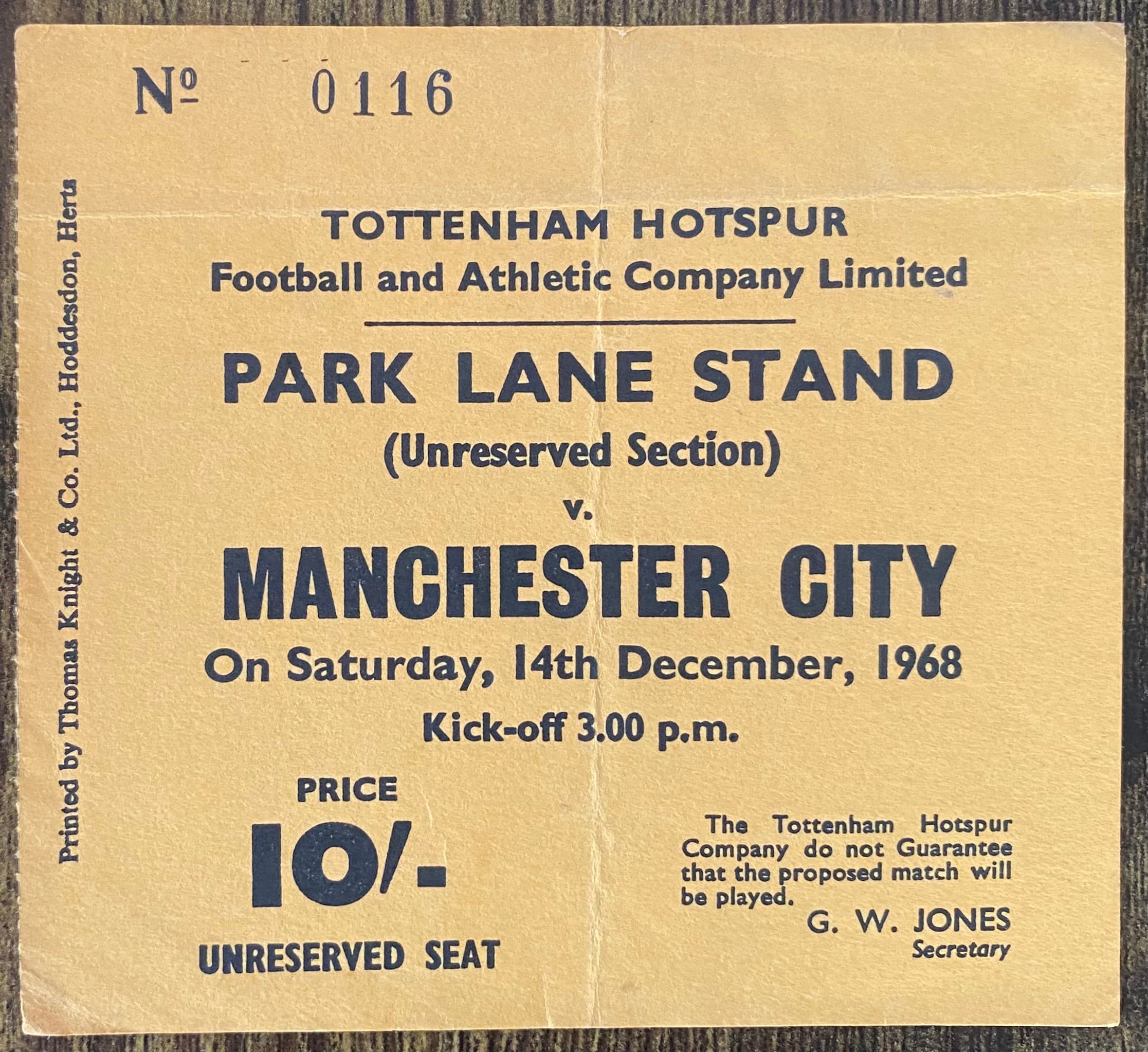 1968/69 ORIGINAL DIVISION ONE TICKET TOTTENHAM HOTSPUR V MANCHESTER CITY