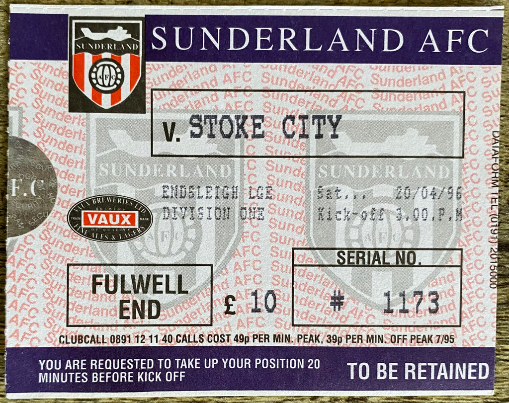 1995/96 ORIGINAL DIVISION ONE TICKET SUNDERLAND v STOKE CITY