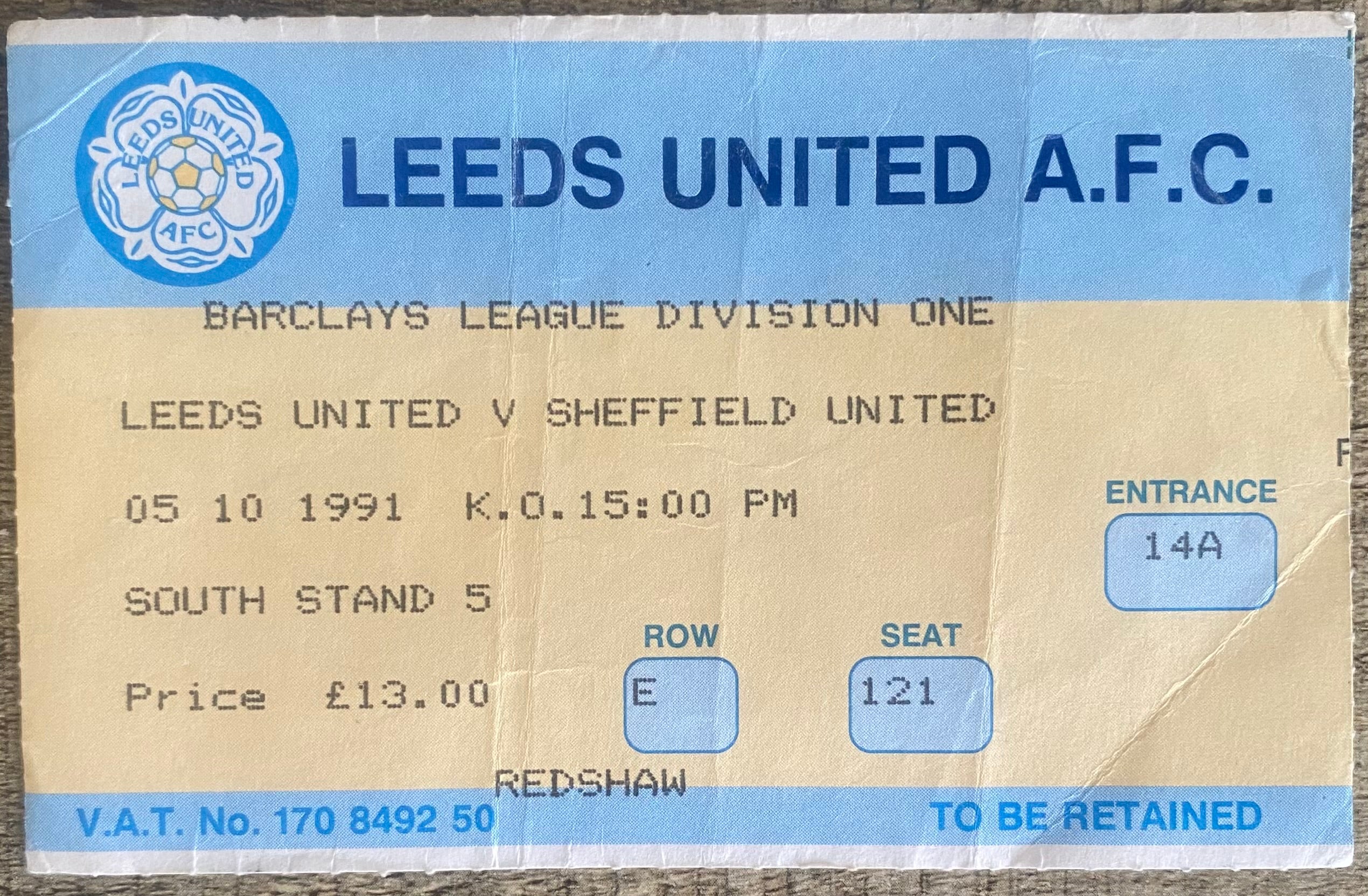 1991/92 ORIGINAL DIVISION 1 TICKET LEEDS UNITED V SHEFFIELD UNITED