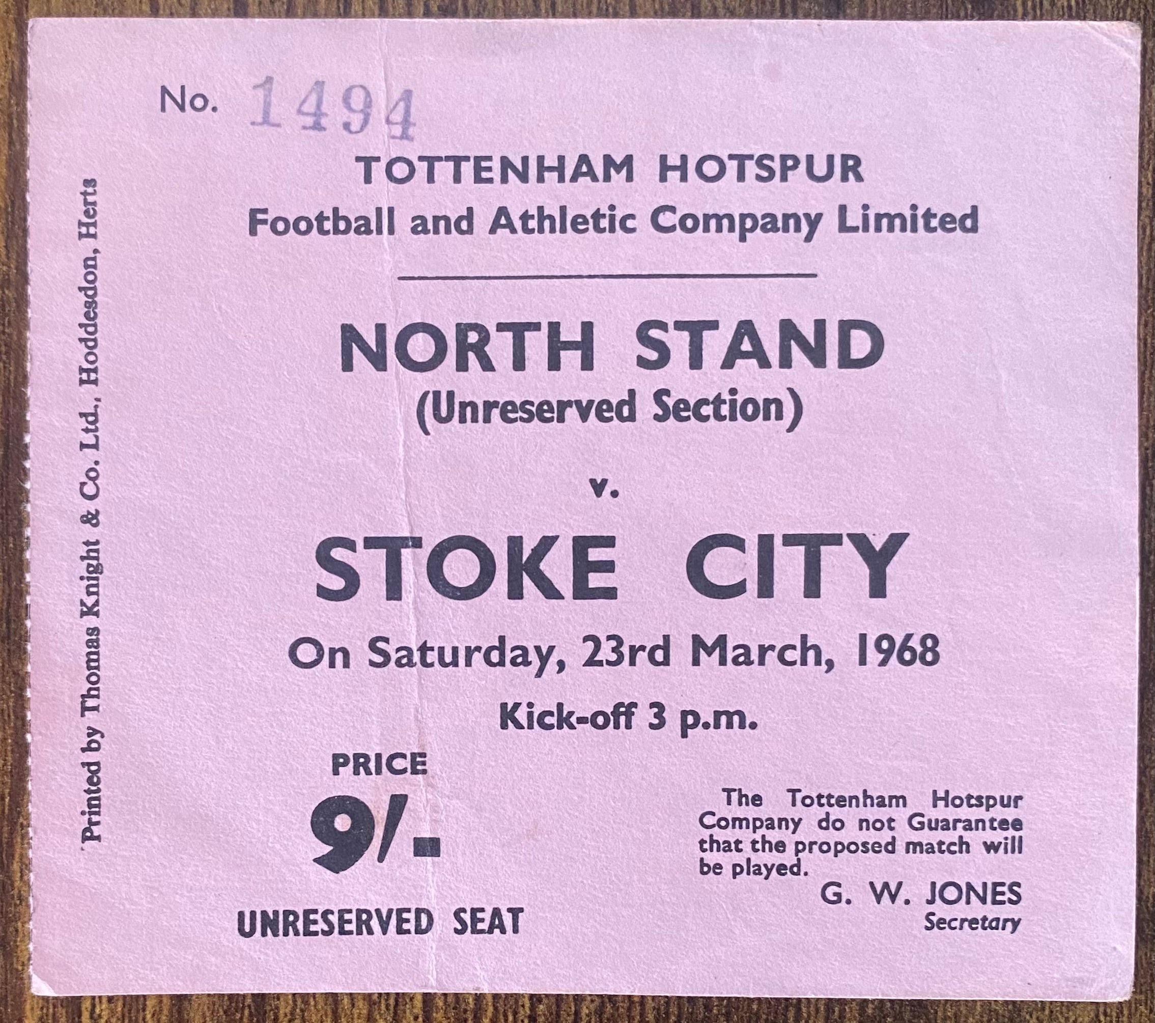 1967/68 ORIGINAL DIVISION ONE TICKET TOTTENHAM HOTSPUR V STOKE CITY