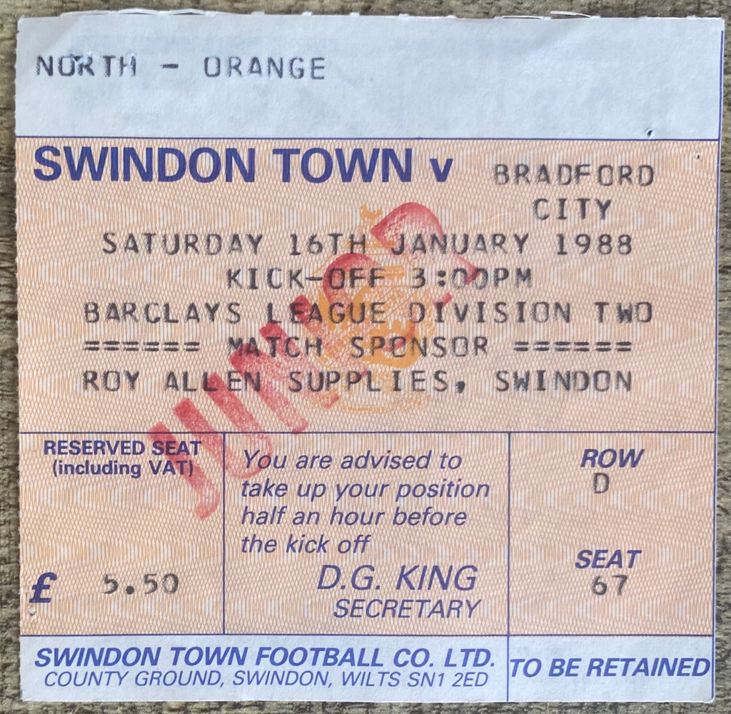 1987/88 ORIGINAL DIVISION 2 TICKET SWINDON TOWN V BRADFORD CITY