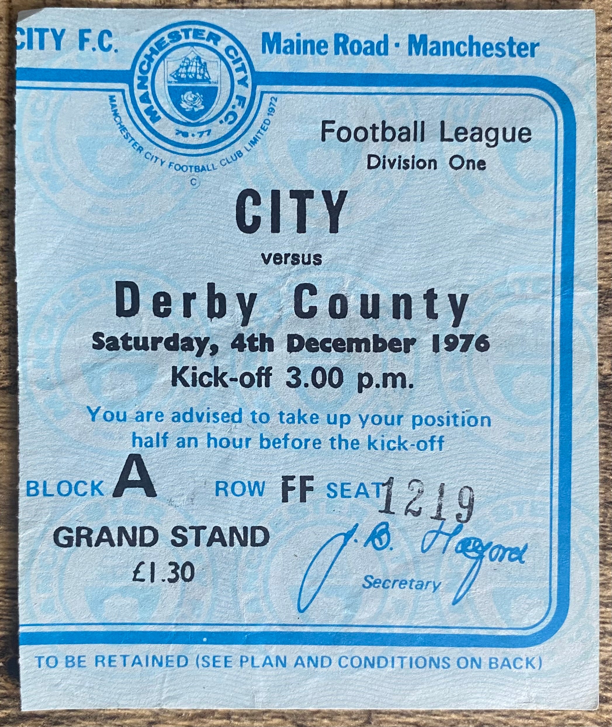 1976/77 ORIGINAL DIVISION 1 TICKET MANCHESTER CITY V DERBY COUNTY