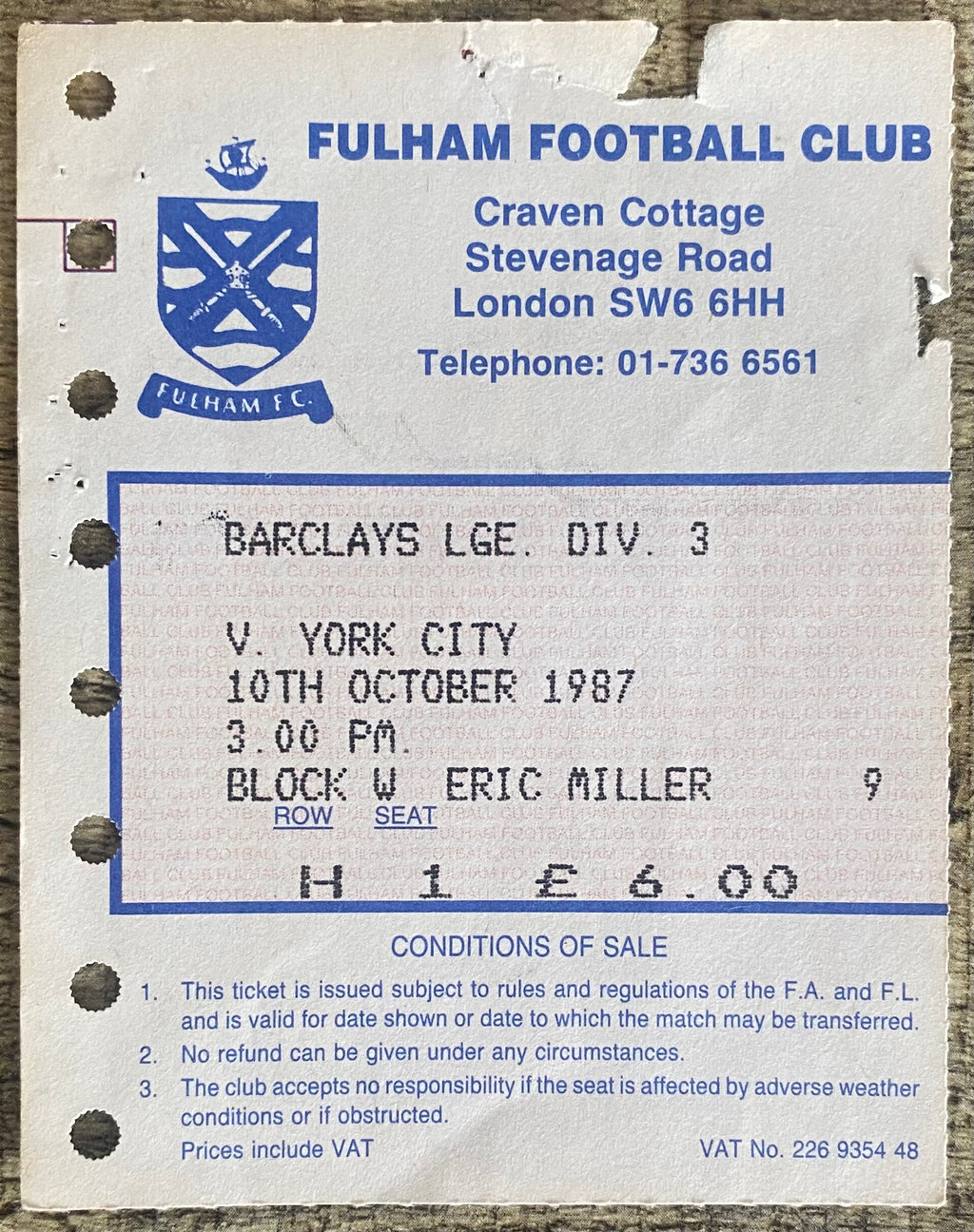 1987/88 ORIGINAL DIVISION 3 TICKET FULHAM V YORK CITY