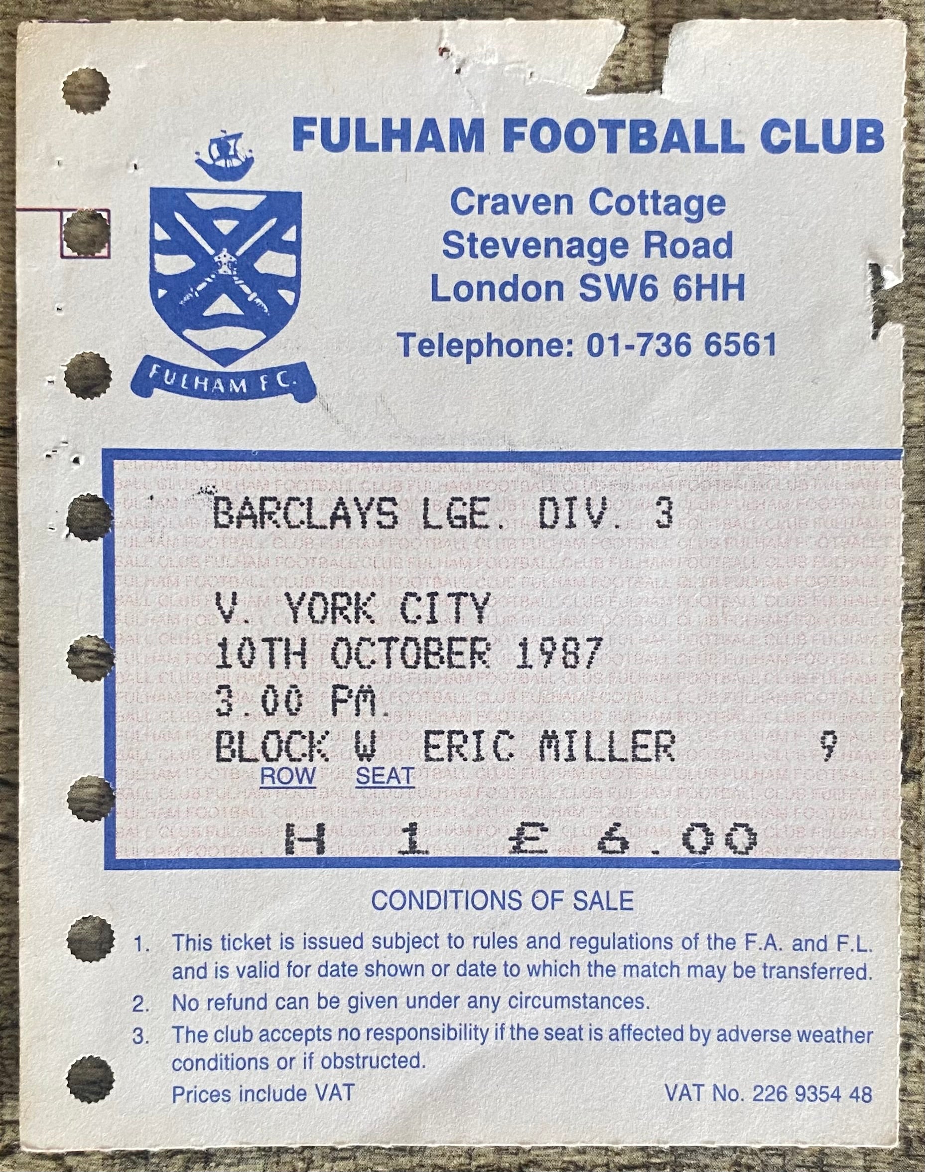 1987/88 ORIGINAL DIVISION 3 TICKET FULHAM V YORK CITY
