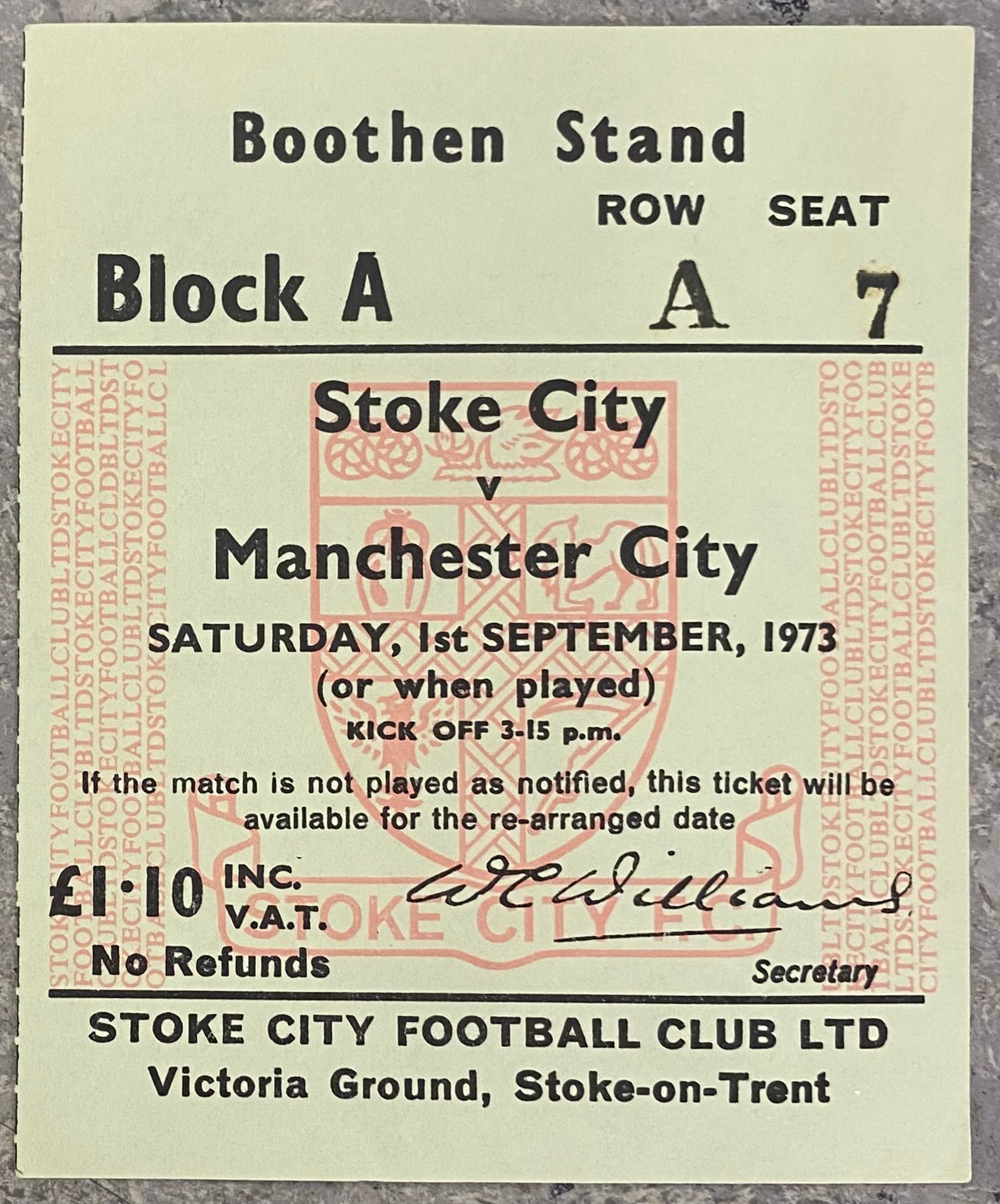 1973/74 ORIGINAL DIVISION ONE TICKET STOKE CITY V MANCHESTER CITY