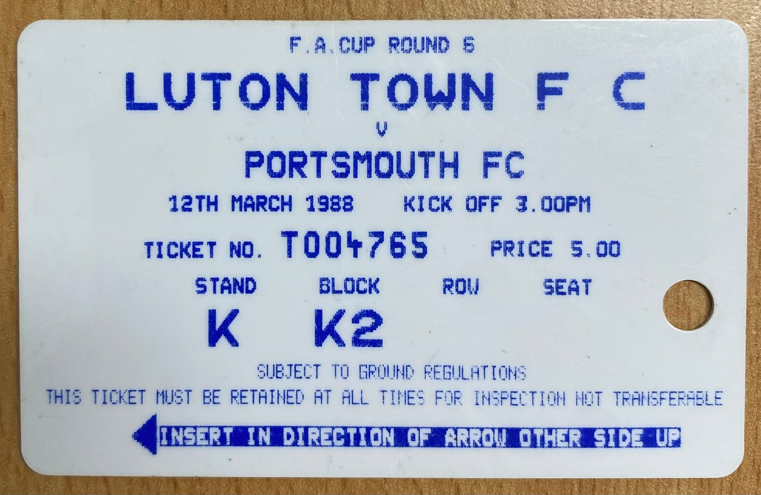 1987/88 ORIGINAL FA CUP 6TH ROUND TICKET LUTON TOWN V PORTSMOUTH