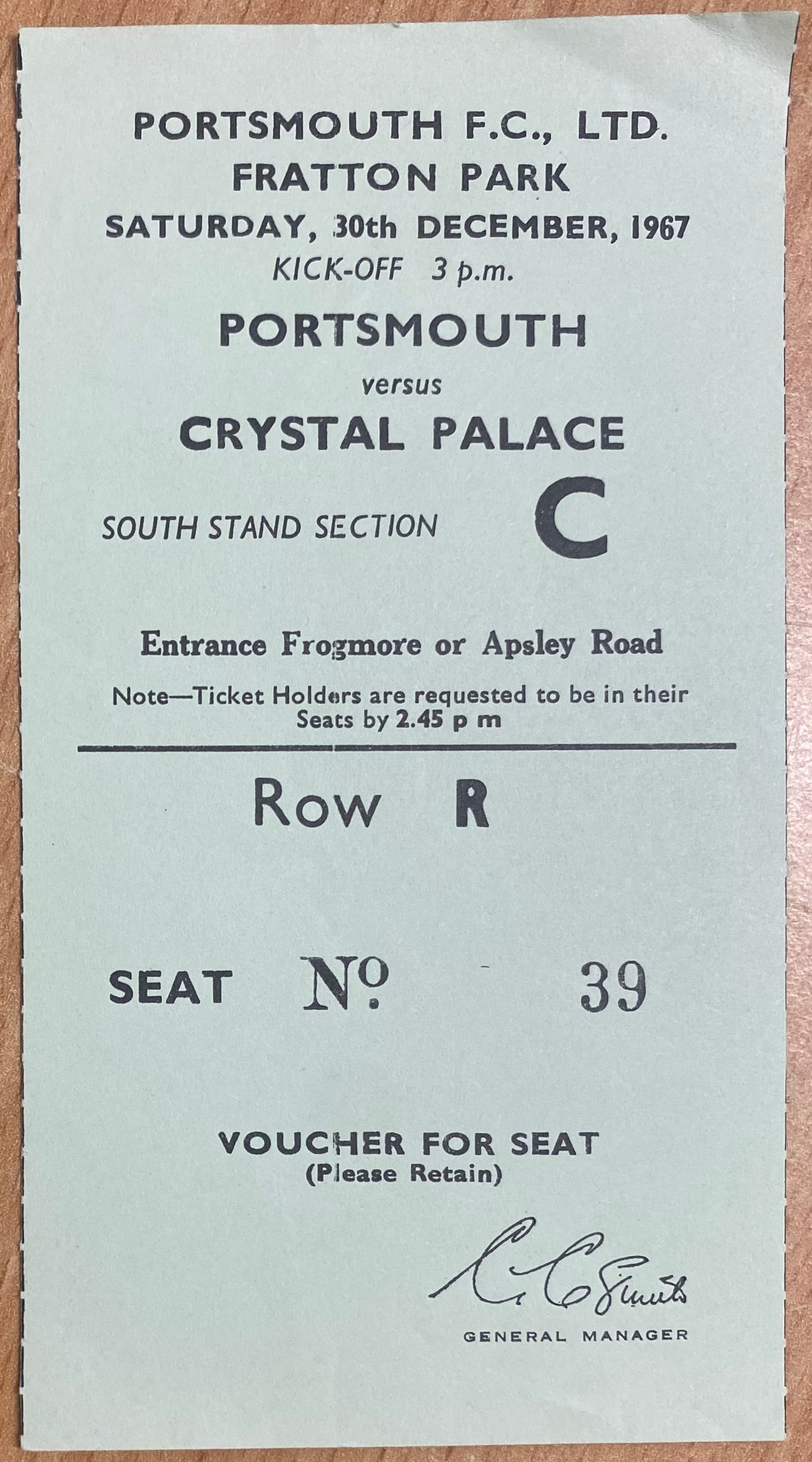 1967/68 ORIGINAL DIVISION 2 TICKET PORTSMOUTH V CRYSTAL PALACE