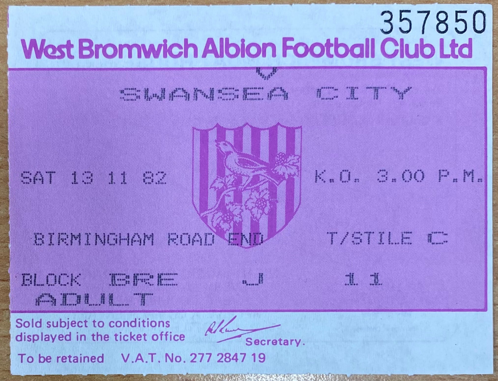 1982/83 ORIGINAL DIVISION 1 TICKET WEST BROMWICH ALBION V SWANSEA CITY