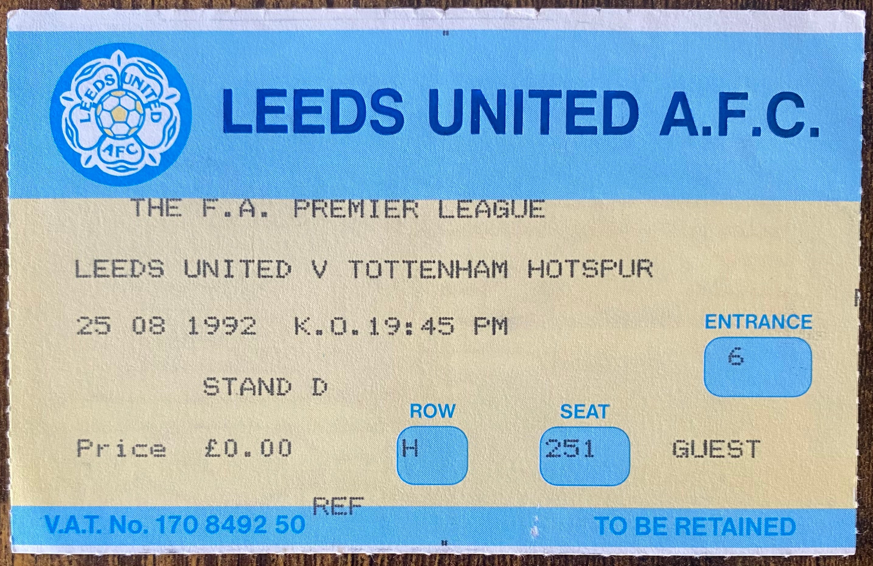 1992/93 ORIGINAL PREMIER LEAGUE TICKET LEEDS UNITED V TOTTENHAM HOTSPUR
