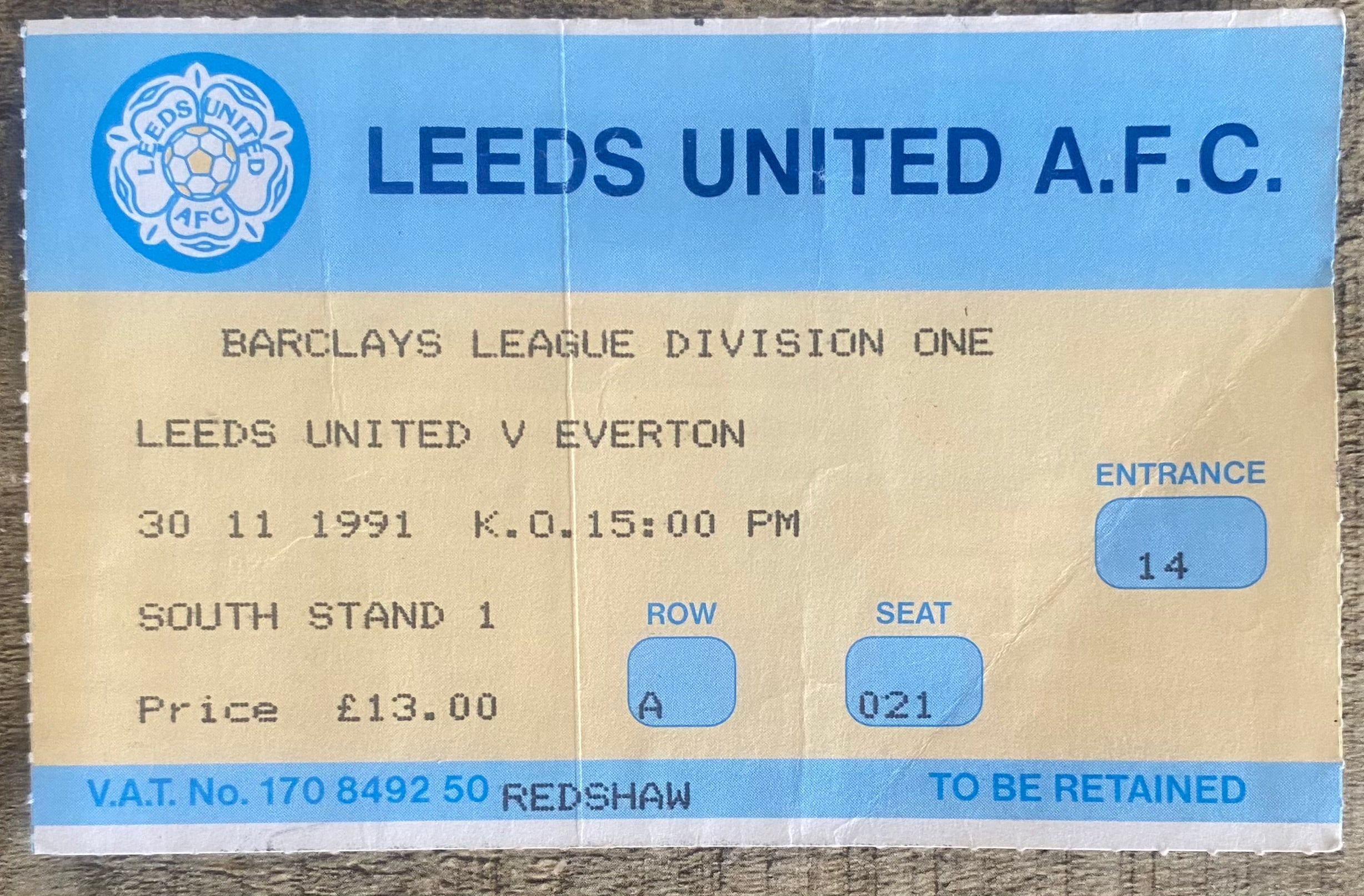 1991/92 ORIGINAL DIVISION 1 TICKET LEEDS UNITED V EVERTON