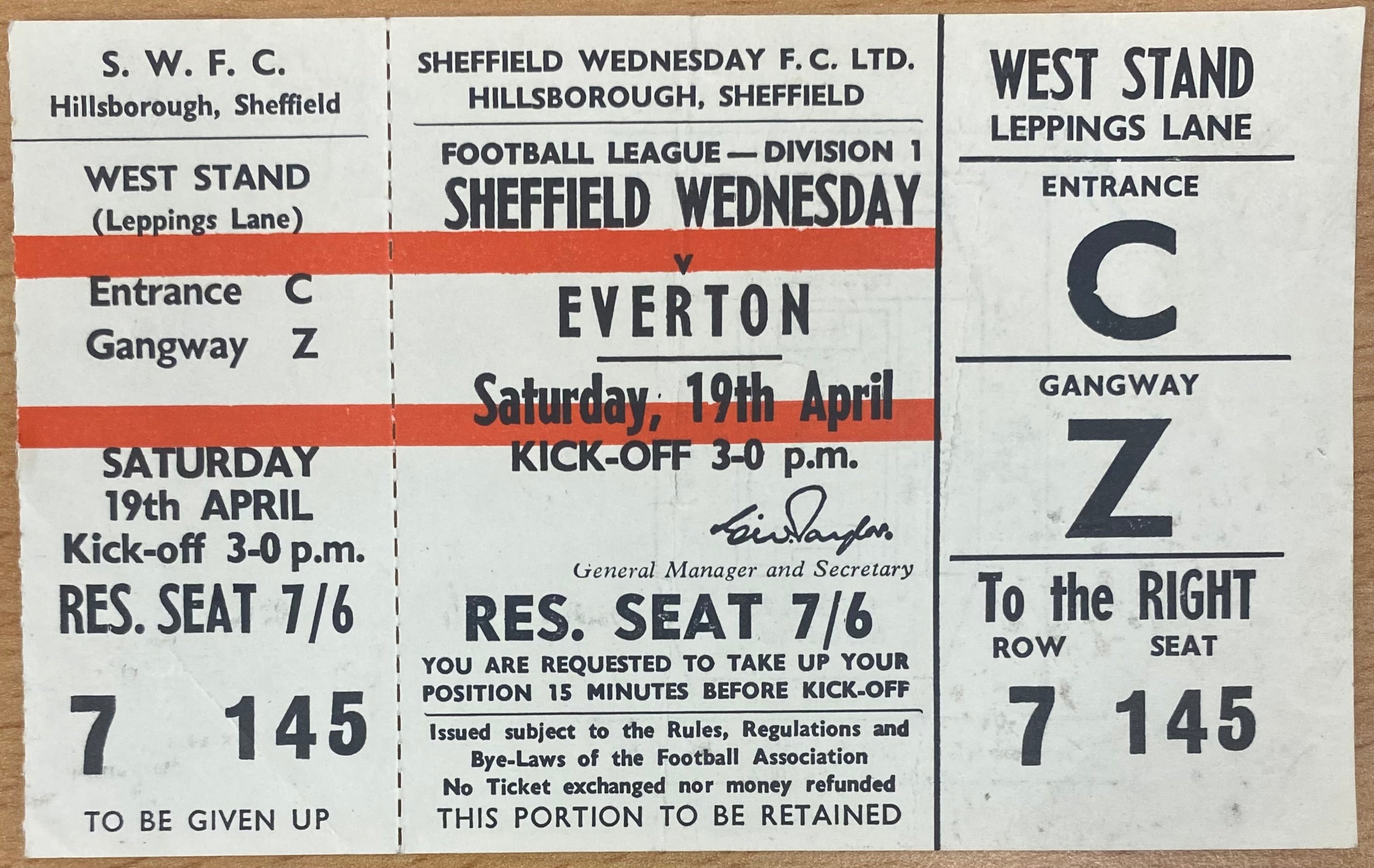 1968/69 ORIGINAL DIVISION 1 UNUSED TICKET SHEFFIELD WEDNESDAY V EVERTON