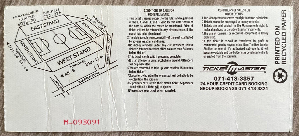 1994/95 ORIGINAL DIVISION 1 TICKET MILLWALL V CHARLTON ATHLETIC