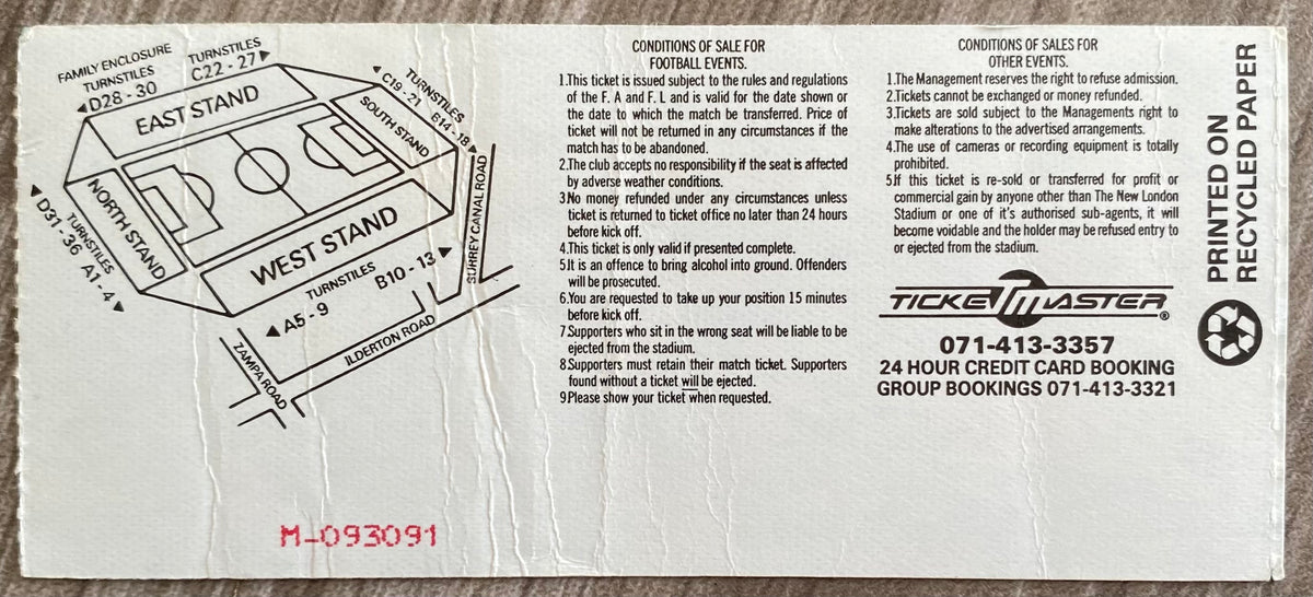 1994/95 ORIGINAL DIVISION 1 TICKET MILLWALL V CHARLTON ATHLETIC